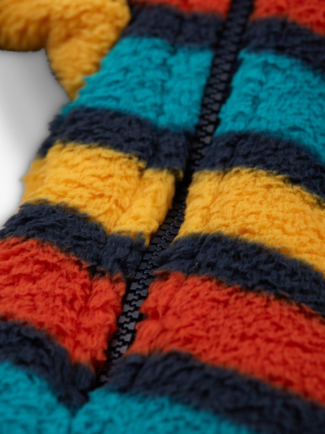 Product image 5 of 5, which shows Frugi Baby Ted Fleece Snuggle Suit, Camper Rainbow Stripe, Newborn