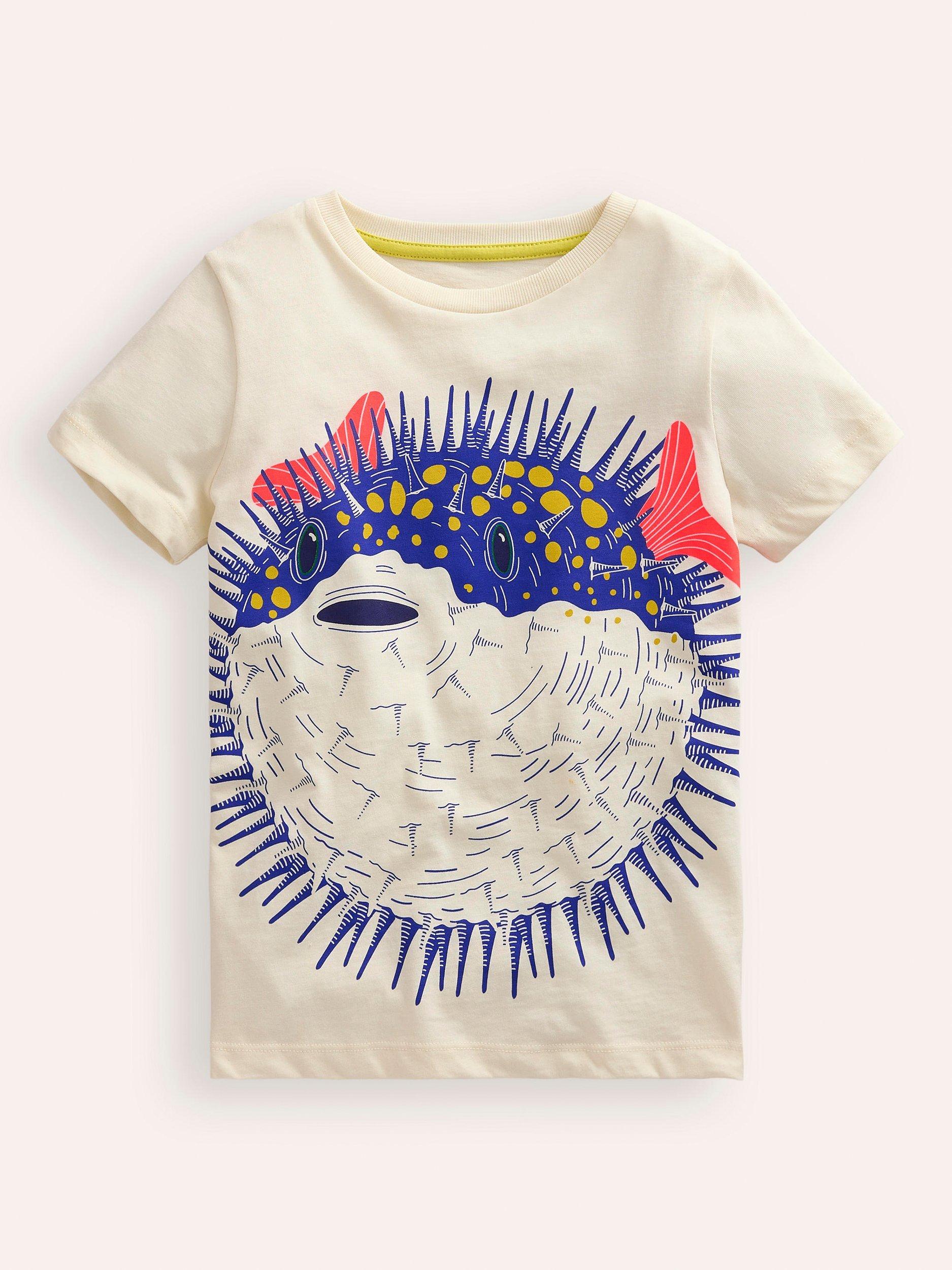 Mini Boden Kids' Pufferfish Print T-Shirt, Vanilla Pod
