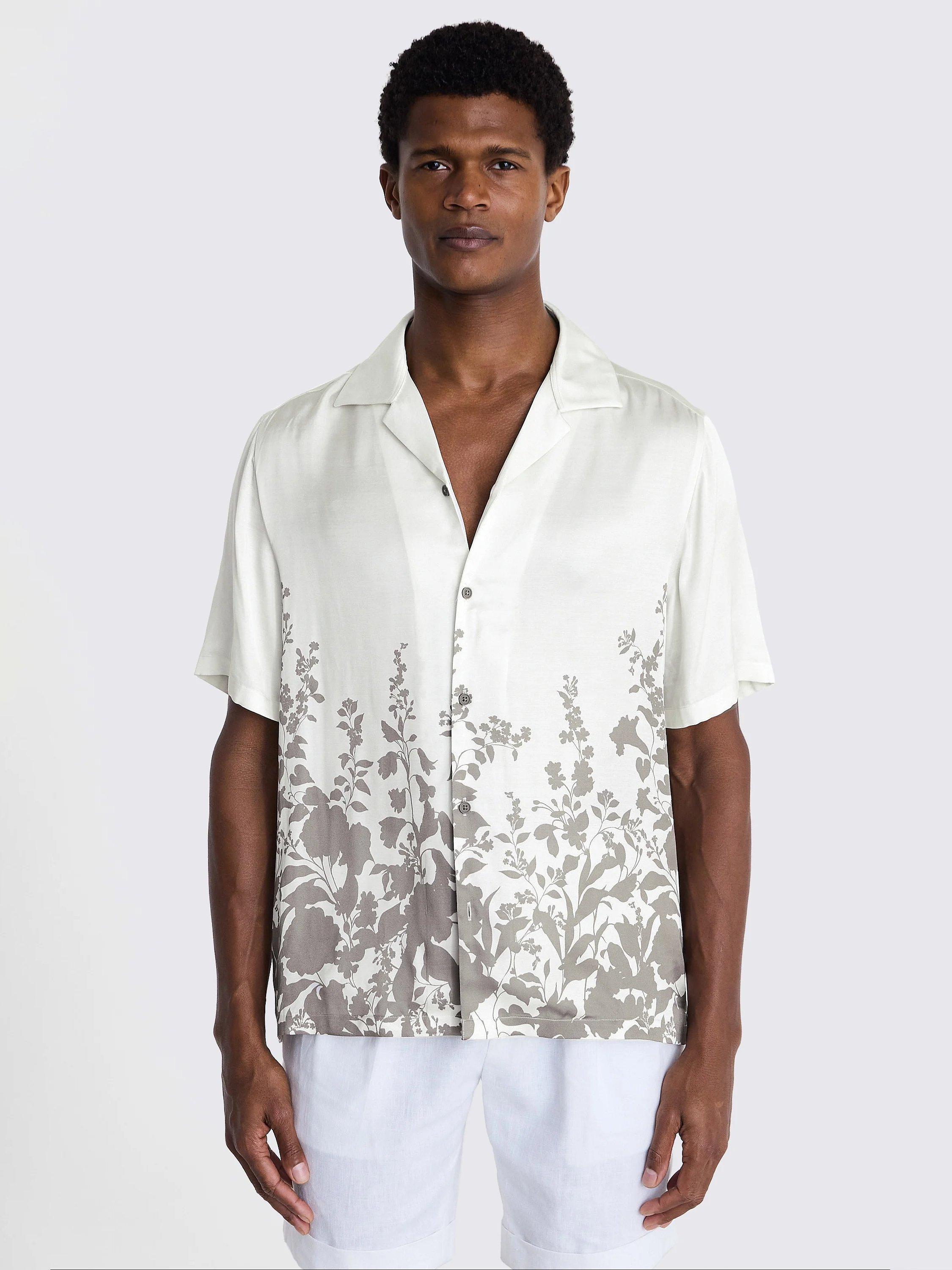 Moss Floral Print Cuban Collar Shirt, Beige
