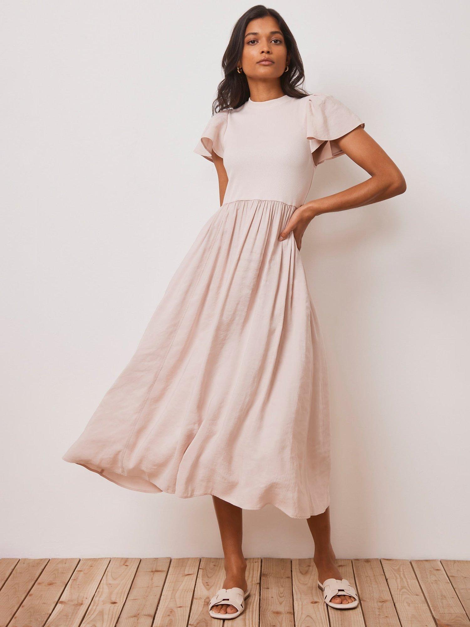 Mint Velvet Ruffle Sleeve Jersey Midi Dress, Light Pink