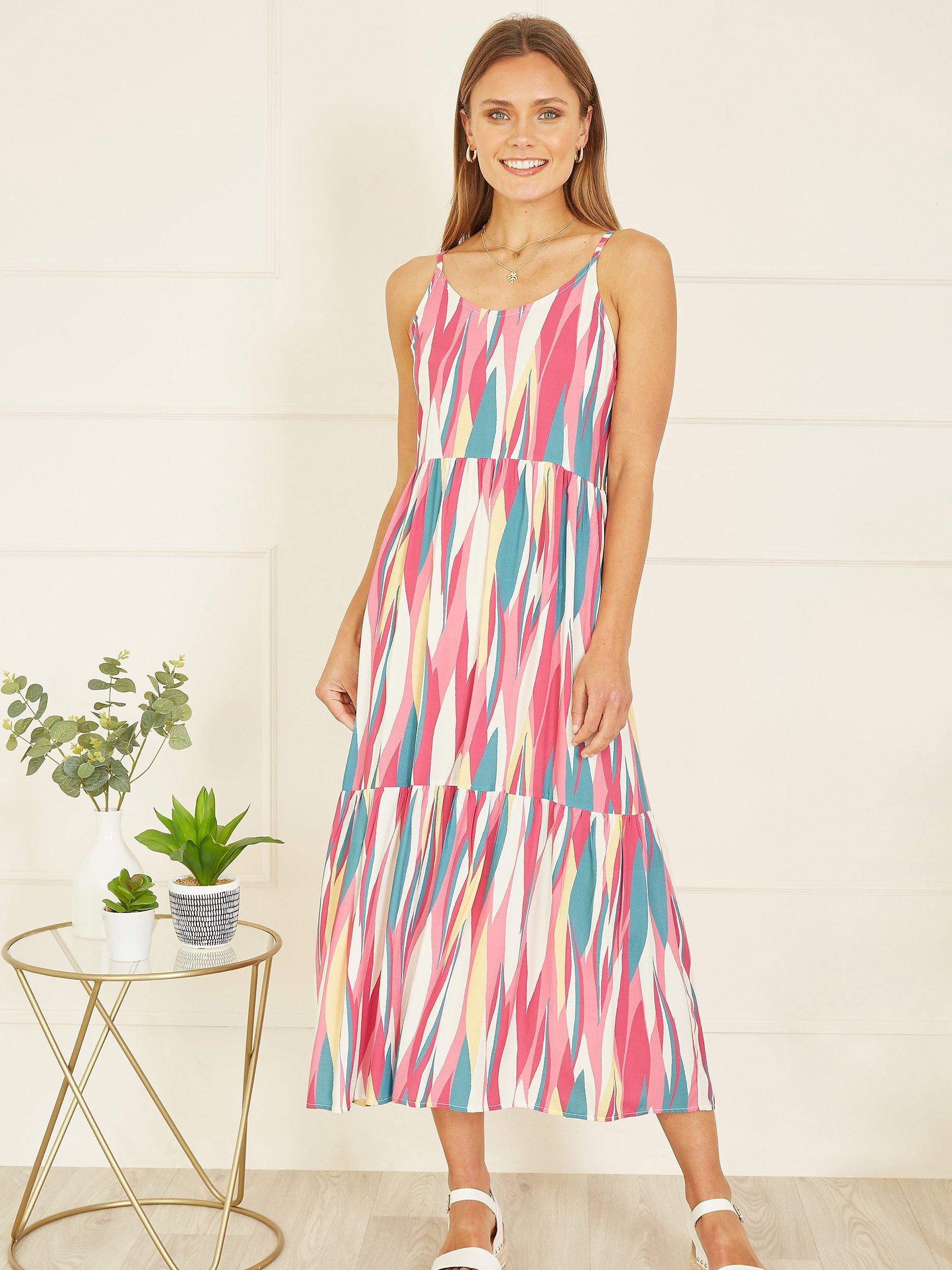 Product image 1 of 5, which shows Yumi Abstract Print Midi Sundress, Pink/Multi, 8