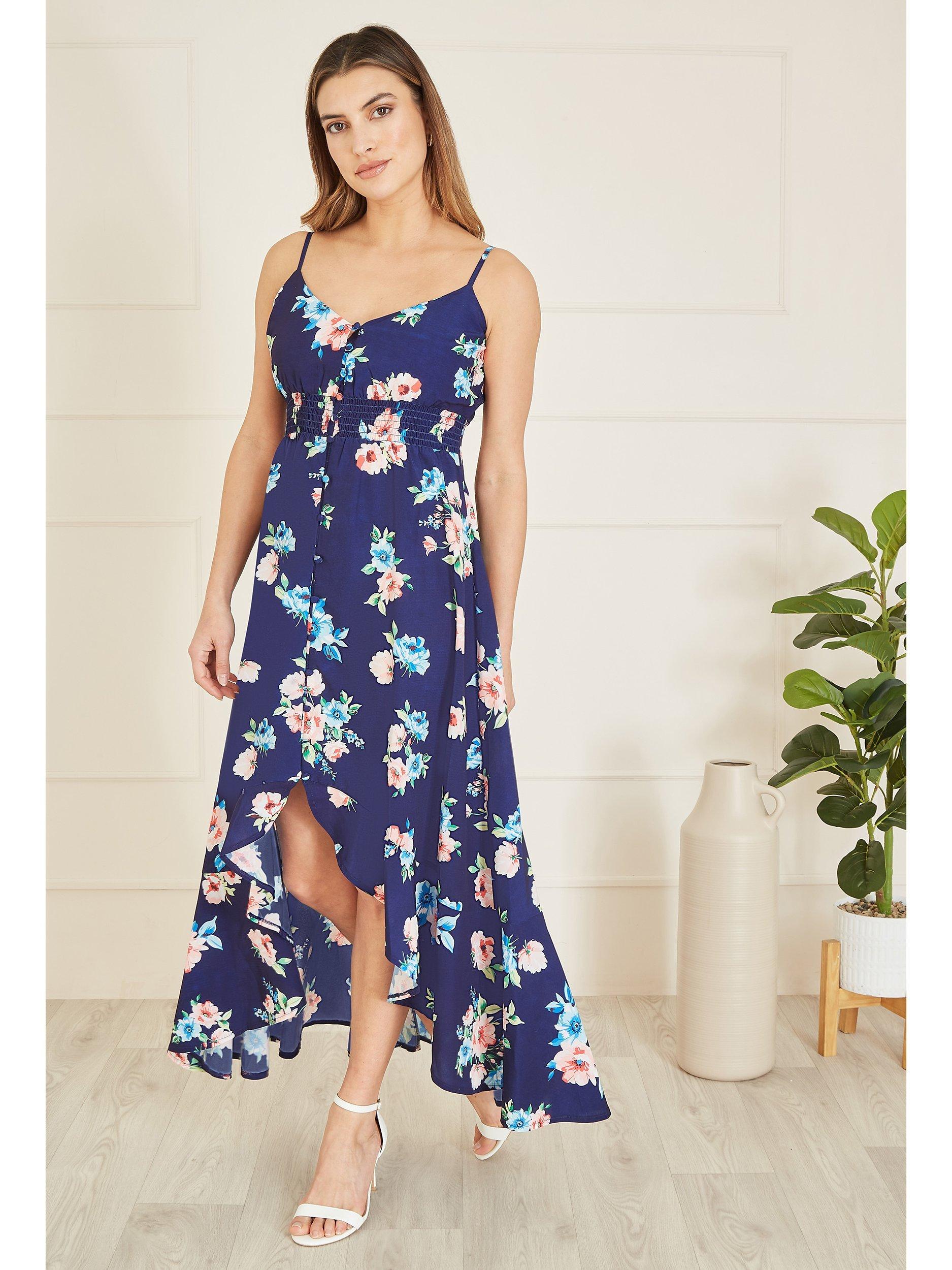Mela London Floral High Low Frill Midi Dress, Navy/Floral, 8