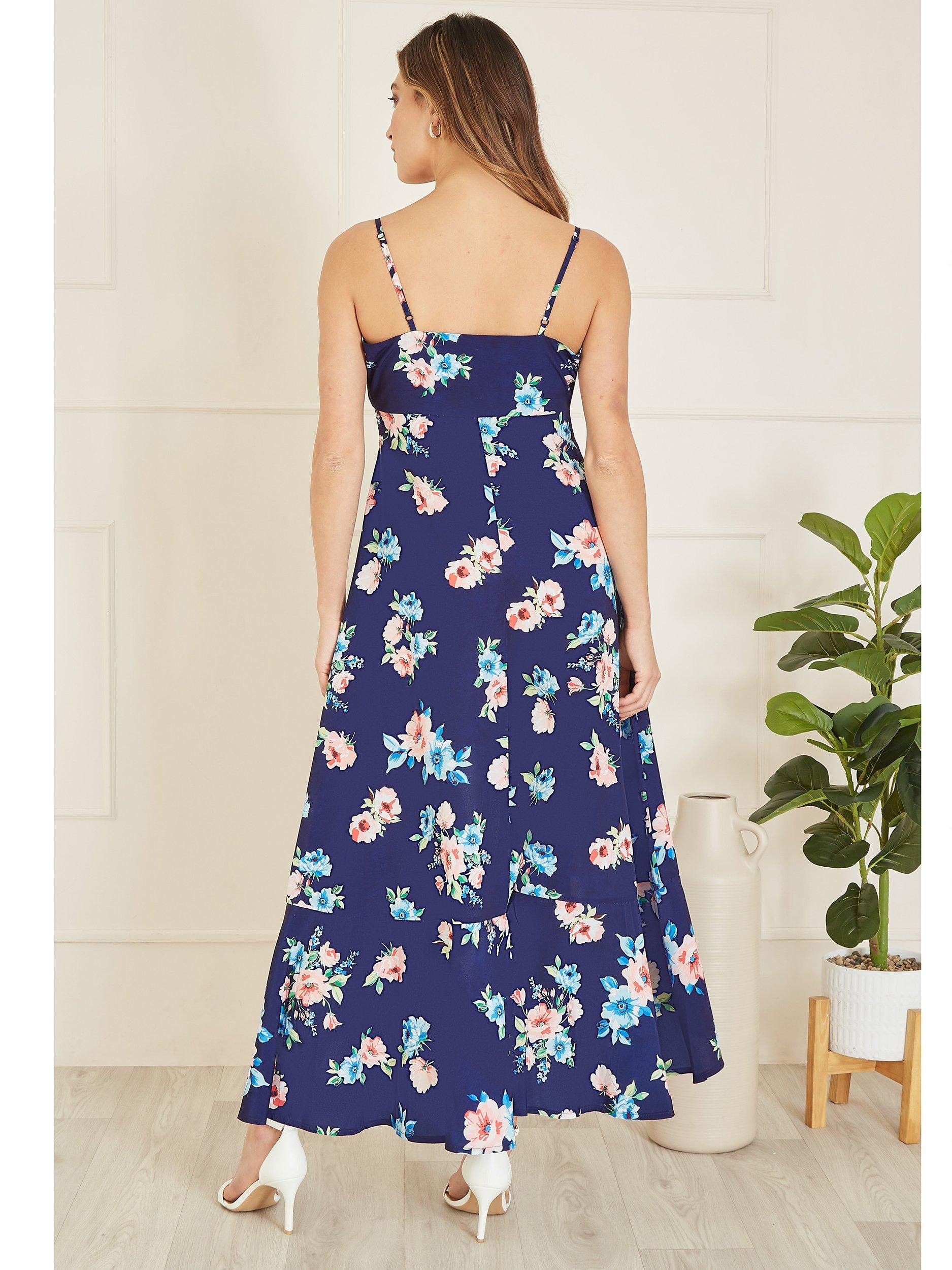 Mela London Floral High Low Frill Midi Dress, Navy/Floral, 8