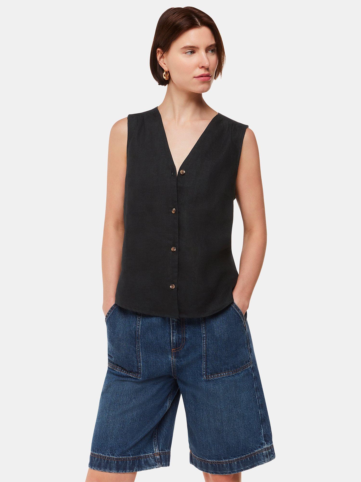 Product image 1 of 5, which shows Whistles Laura Sleeveless Linen Top, Black, 6