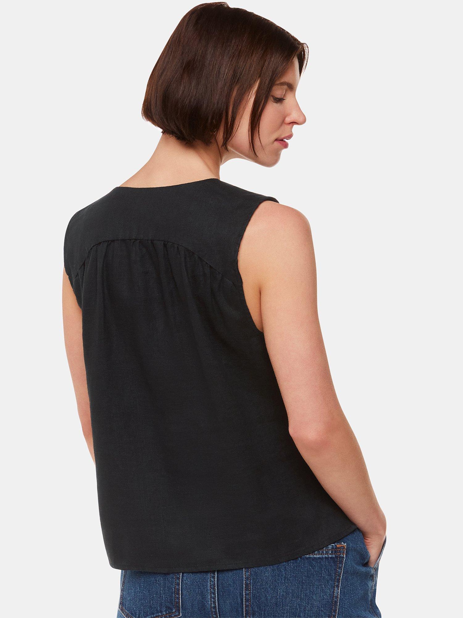 Product image 2 of 5, which shows Whistles Laura Sleeveless Linen Top, Black, 6