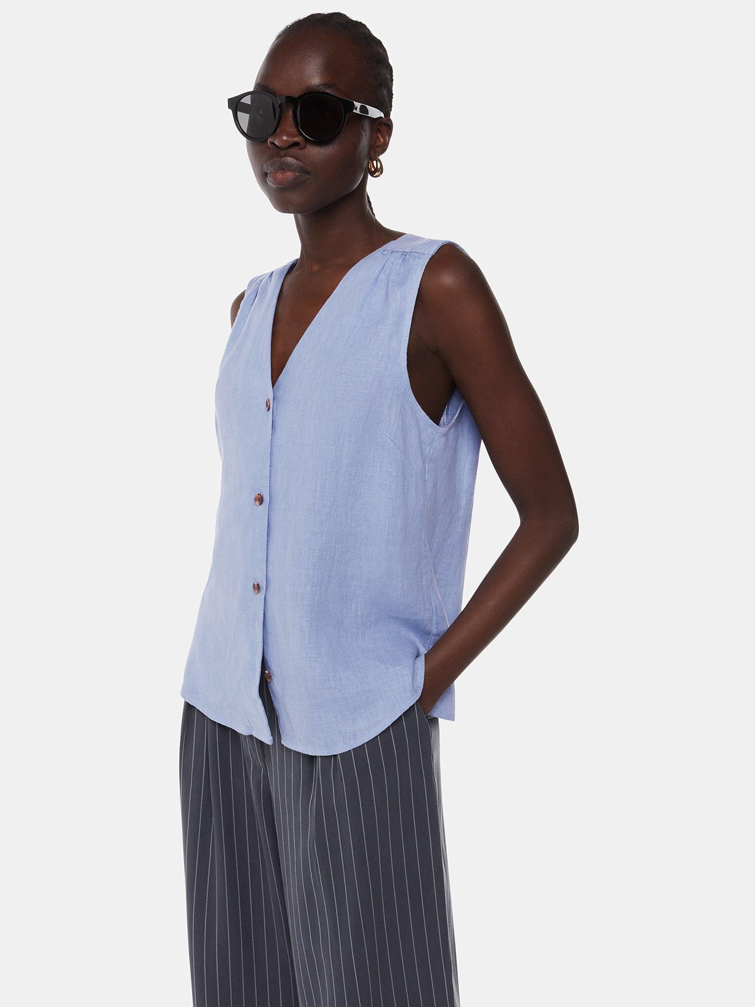 Product image 1 of 5, which shows Whistles Laura Sleeveless Linen Top, Blue, 6