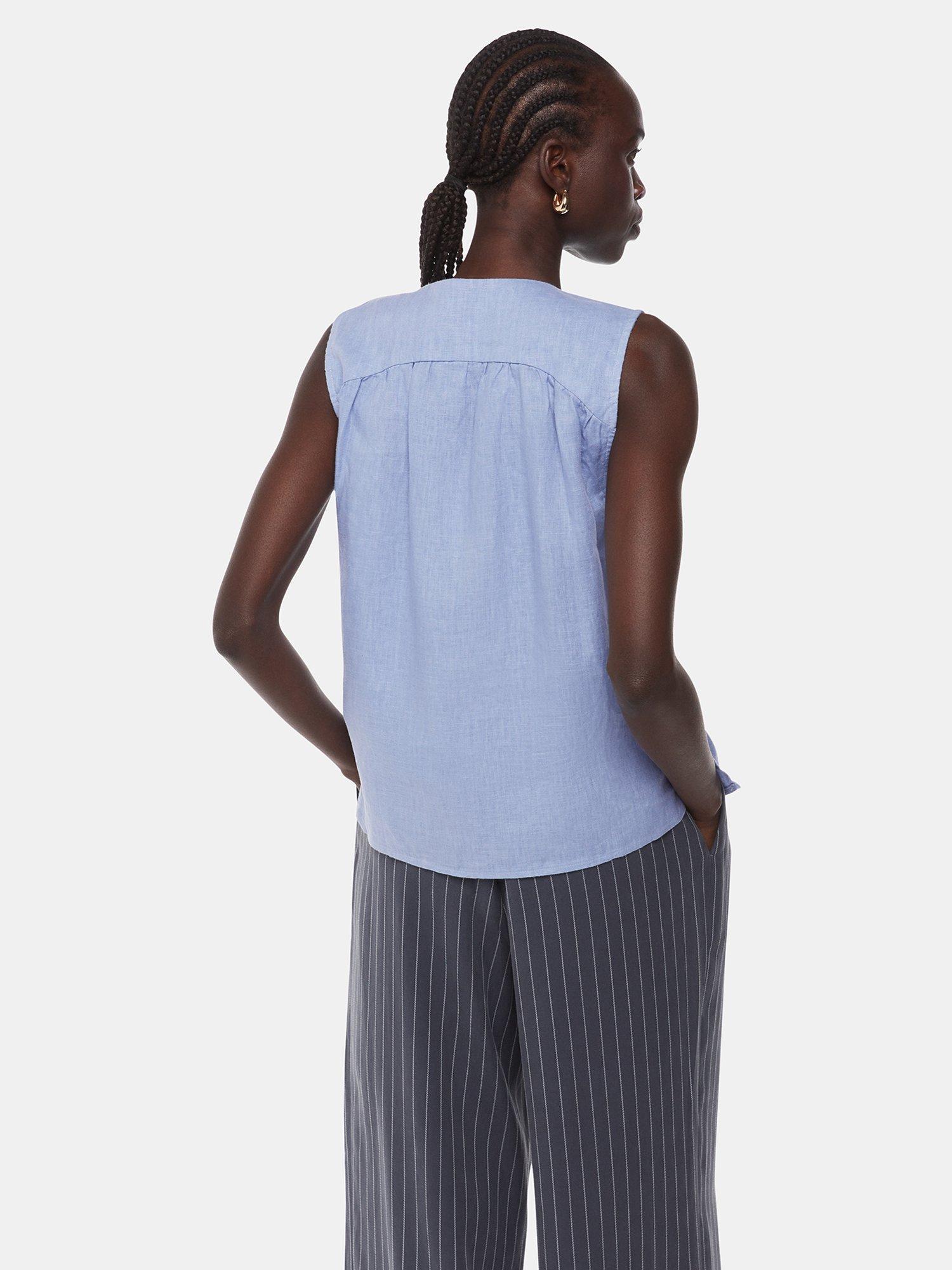 Product image 2 of 5, which shows Whistles Laura Sleeveless Linen Top, Blue, 6