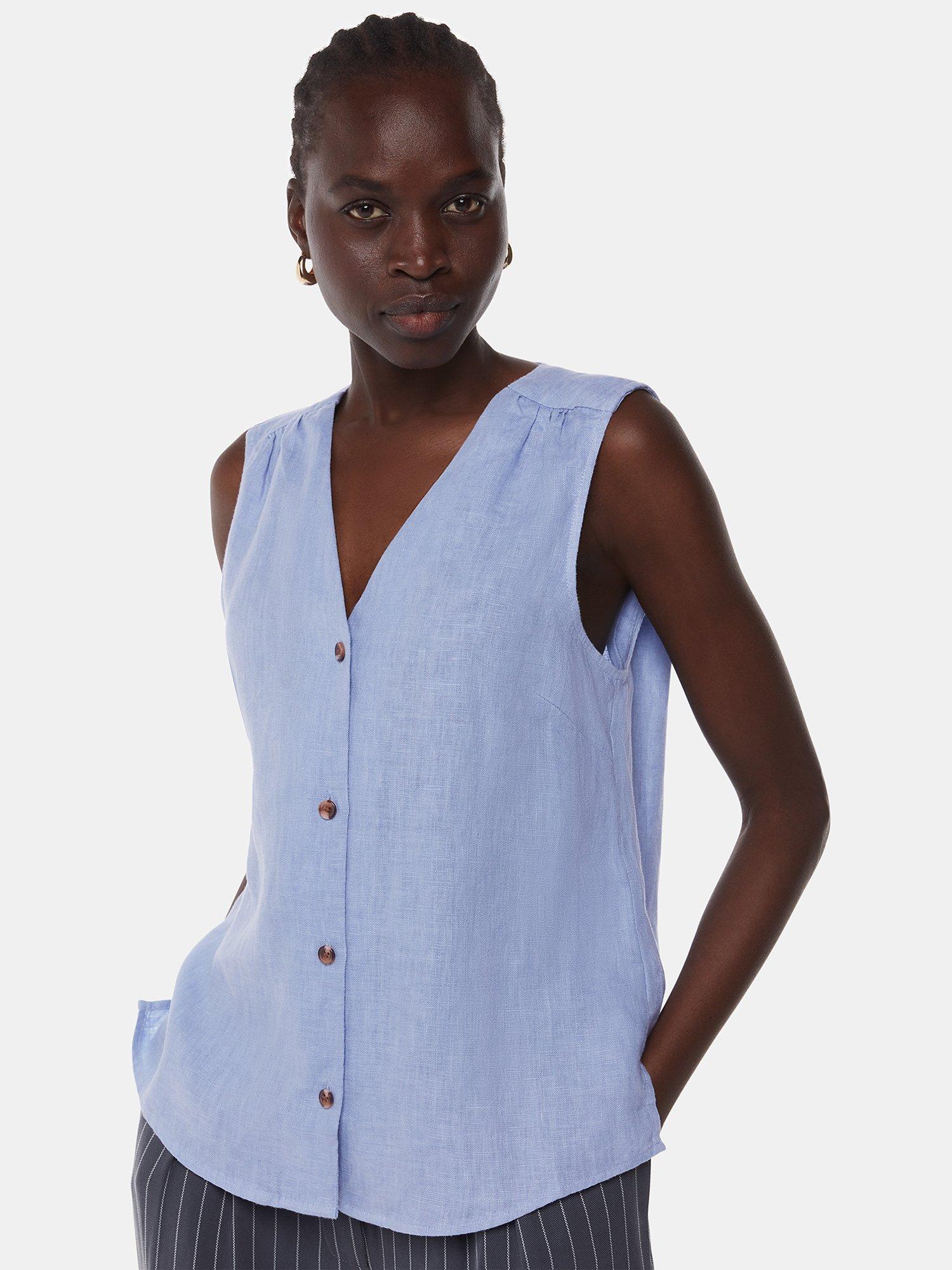 Product image 3 of 5, which shows Whistles Laura Sleeveless Linen Top, Blue, 6