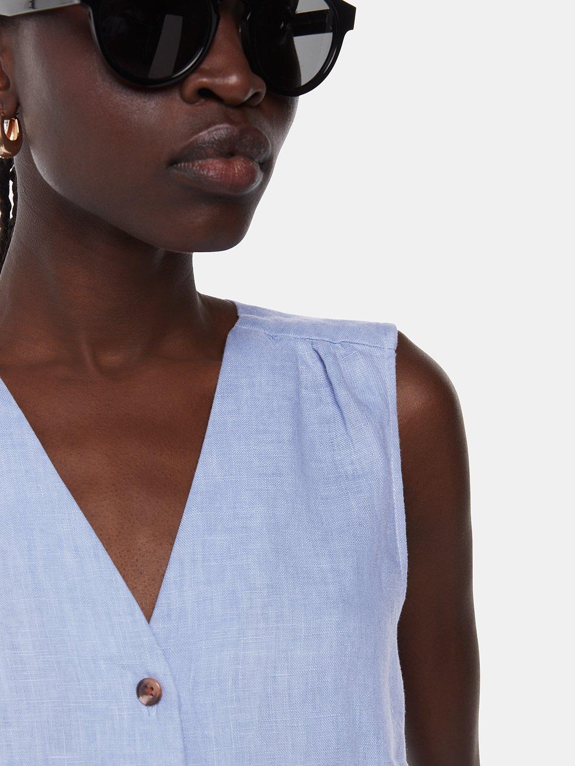 Product image 4 of 5, which shows Whistles Laura Sleeveless Linen Top, Blue, 6