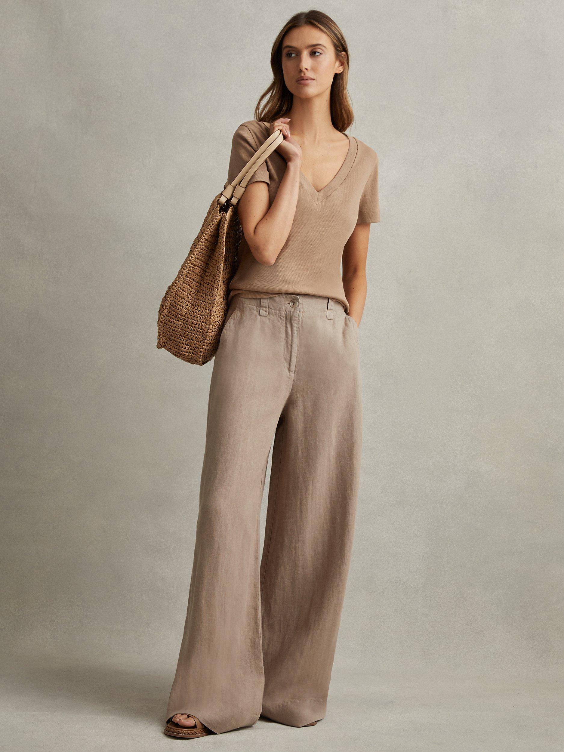 Reiss Demi Garment Dye Linen Wide Leg Trousers, Mink, 6R