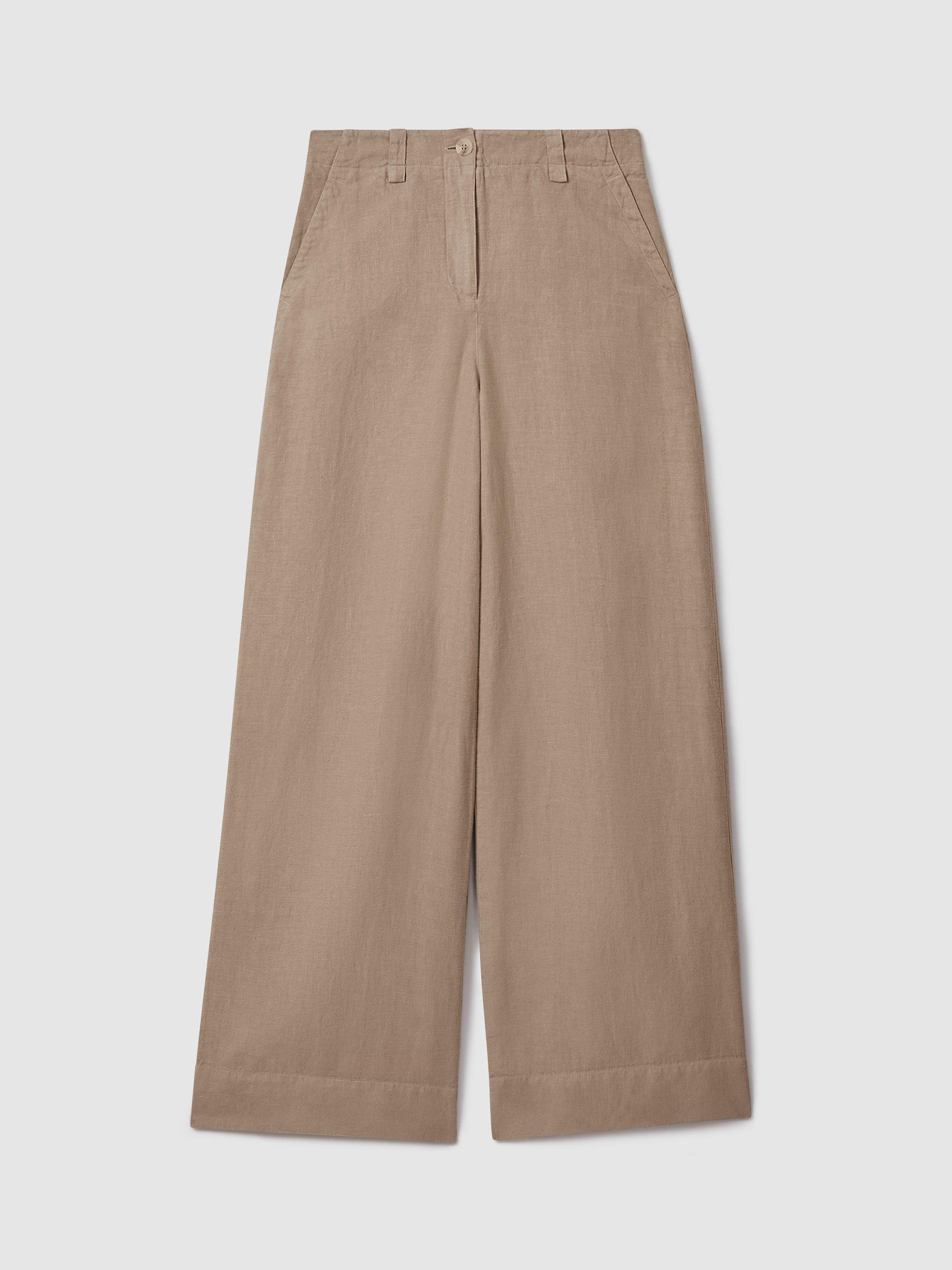 Reiss Demi Garment Dye Linen Wide Leg Trousers, Mink, 6R