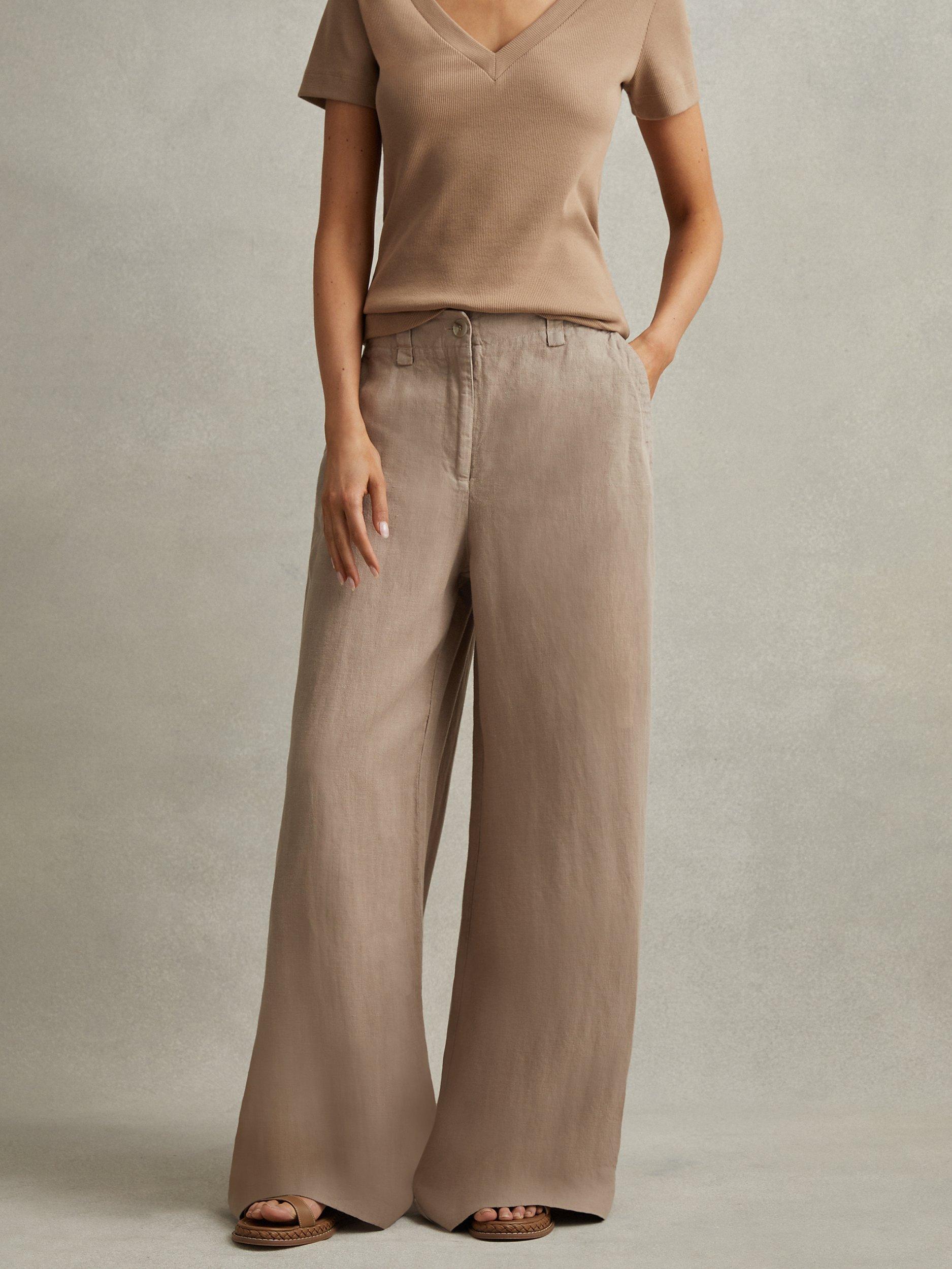 Reiss Demi Garment Dye Linen Wide Leg Trousers, Mink, 6R