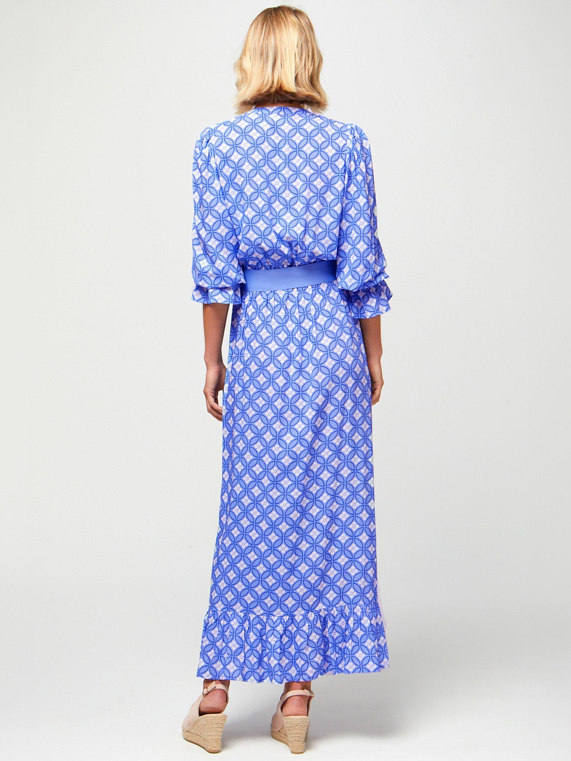 Product image 2 of 6, which shows Aspiga Maeve Geometric Print Contrast Belt Maxi Dress, Blue/Multi, XS