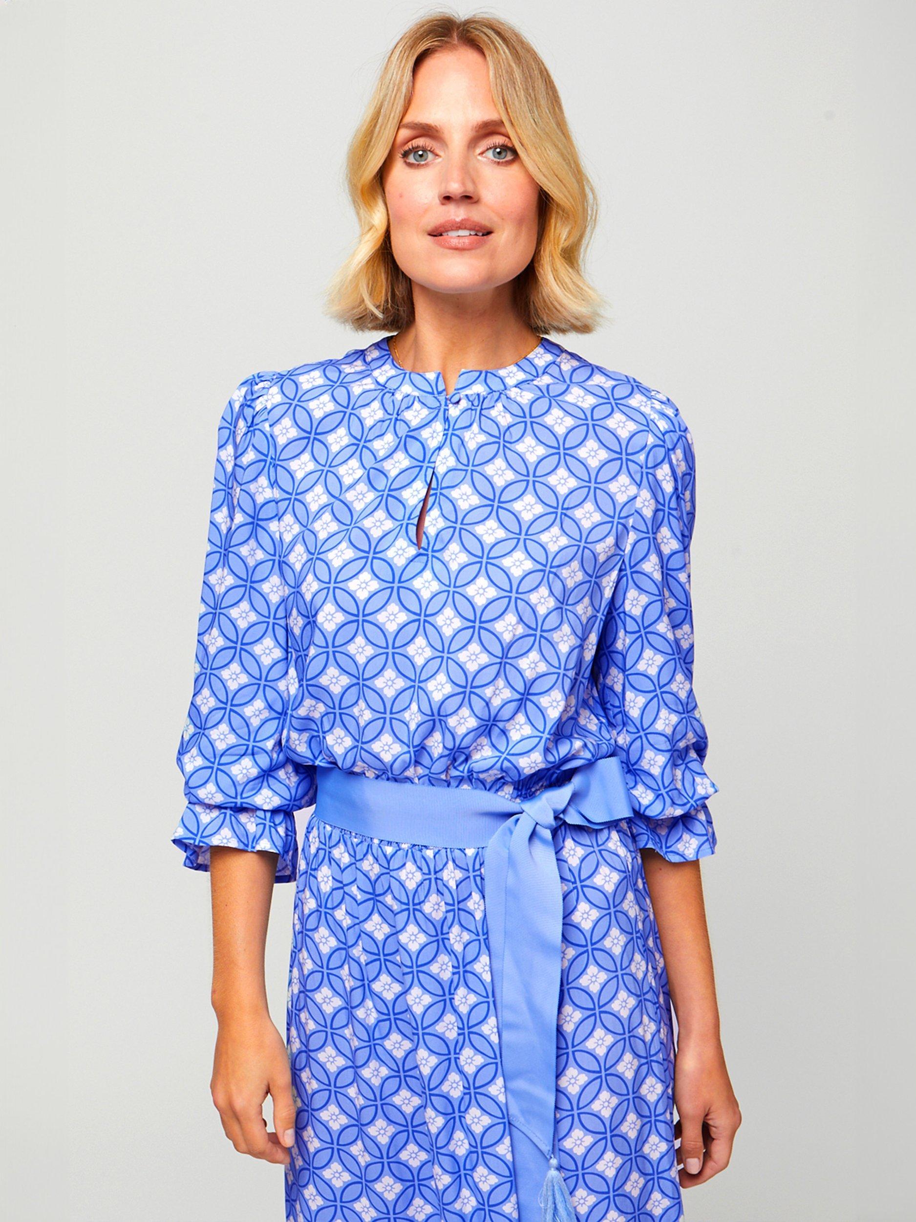 Product image 4 of 6, which shows Aspiga Maeve Geometric Print Contrast Belt Maxi Dress, Blue/Multi, XS
