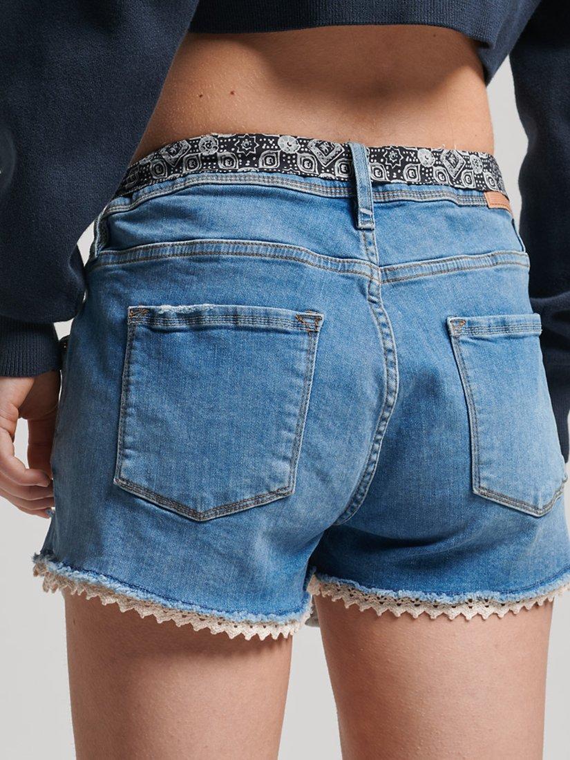 Product image 2 of 5, which shows Superdry Lace Denim Hot Shorts, Mid Indigo Destroy, 26