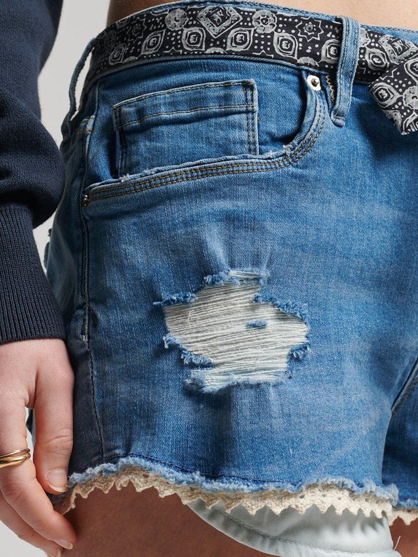 Product image 5 of 5, which shows Superdry Lace Denim Hot Shorts, Mid Indigo Destroy, 26