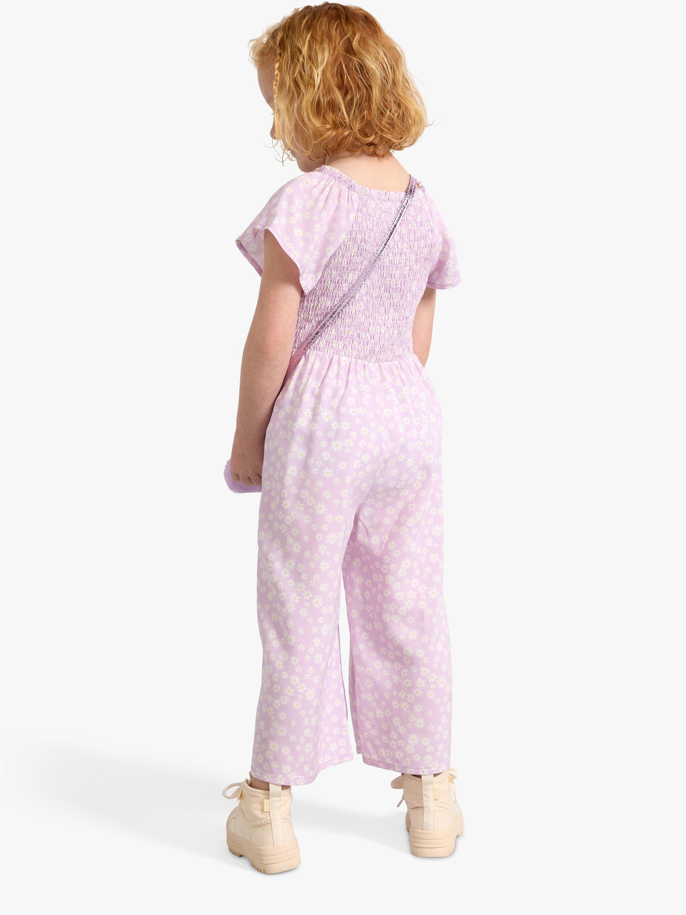 Product image 2 of 7, which shows Lindex Kids' Floral Print Smock Jumpsuit, Dusty Pink, 7-8 years