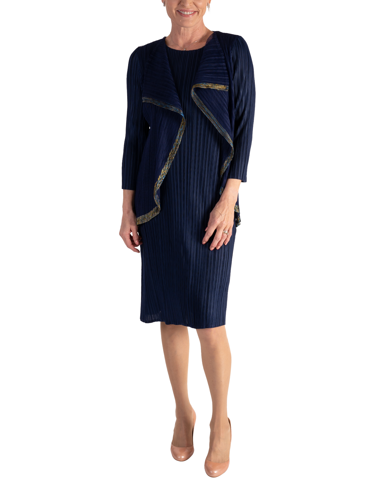 chesca Pleat Plisse Mock Jacket Dress Navy