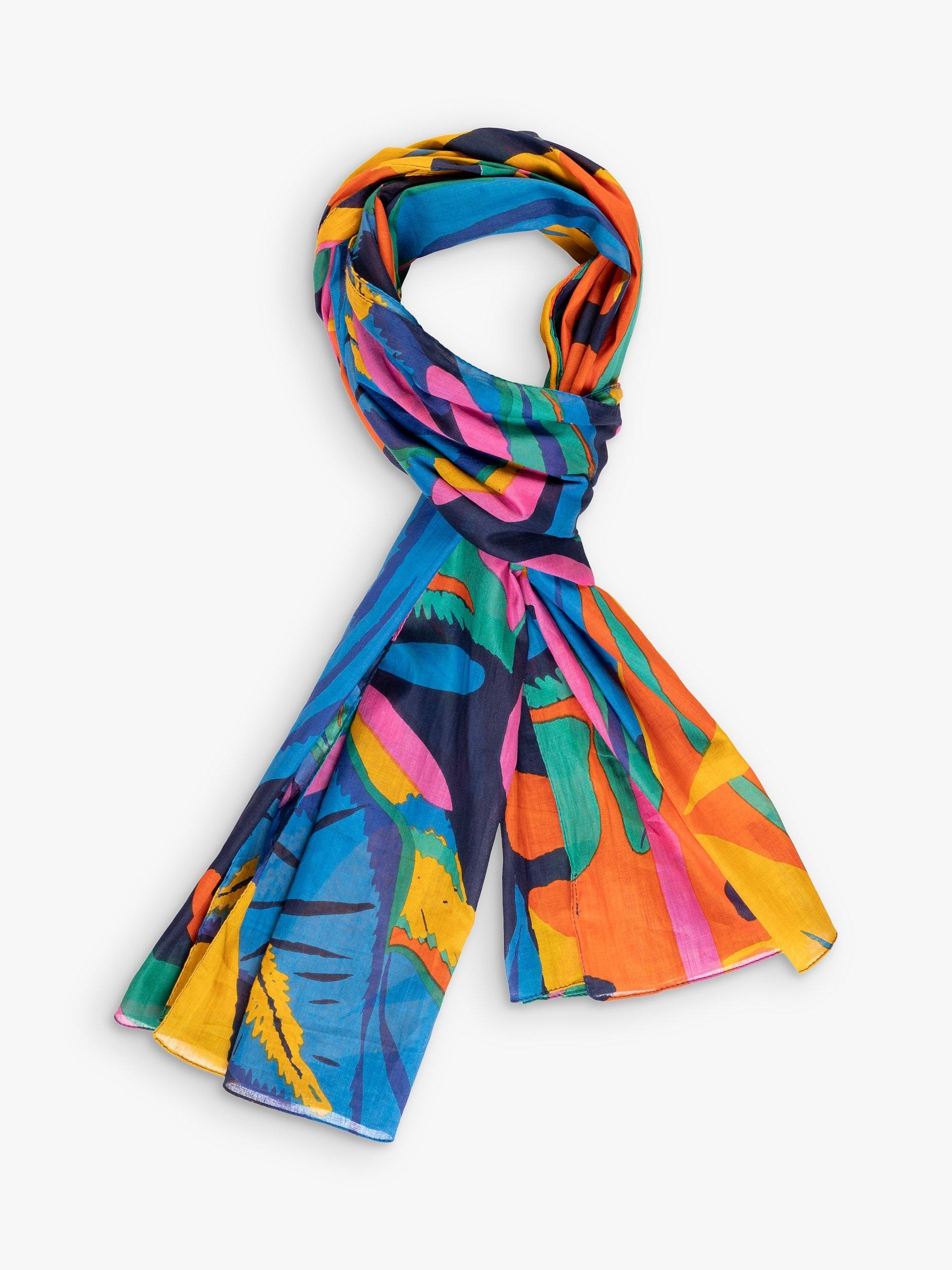 Product image 1 of 5, which shows chesca Tropical Leaf Print Scarf, Navy/Multi