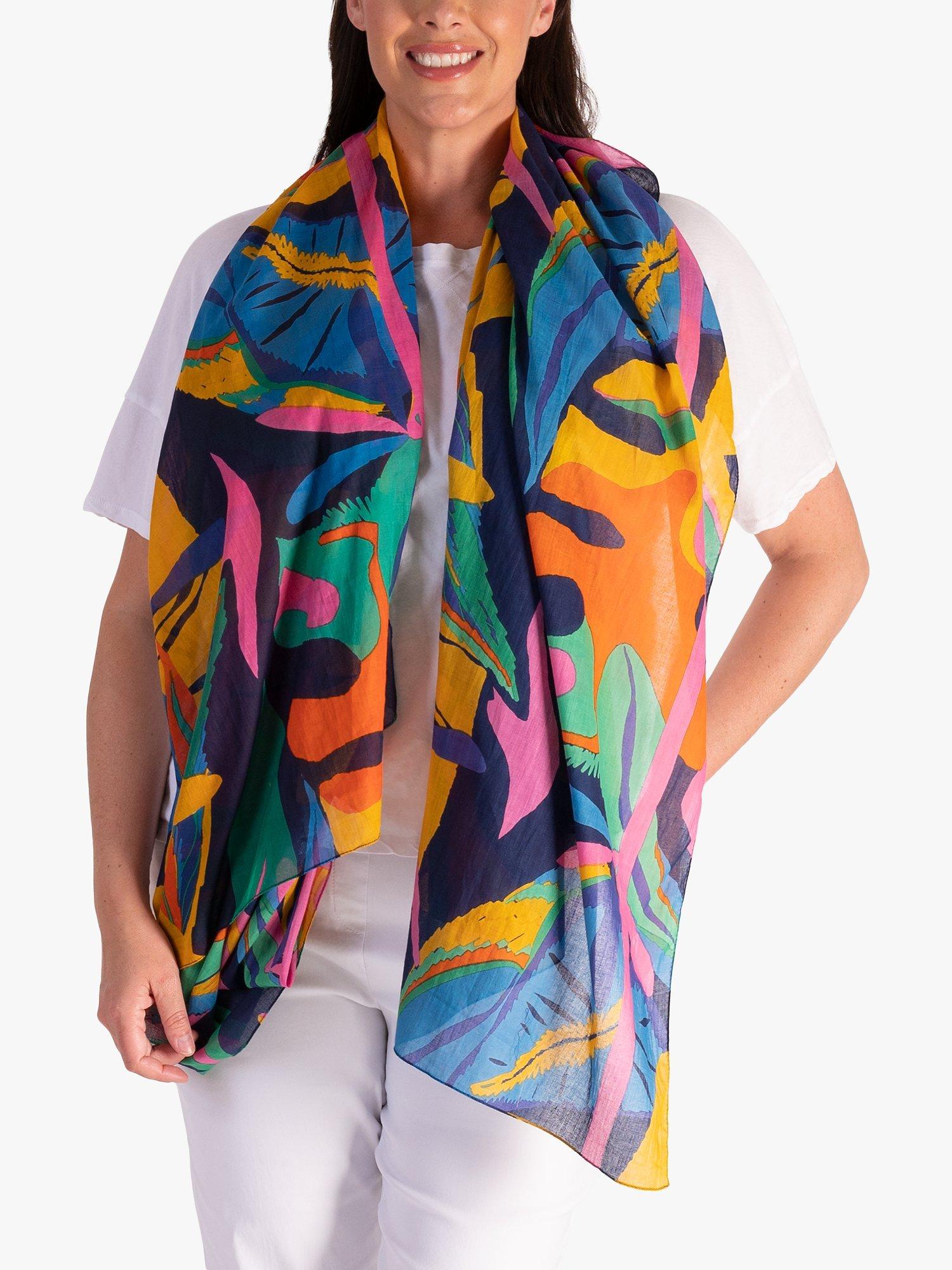 Product image 2 of 5, which shows chesca Tropical Leaf Print Scarf, Navy/Multi