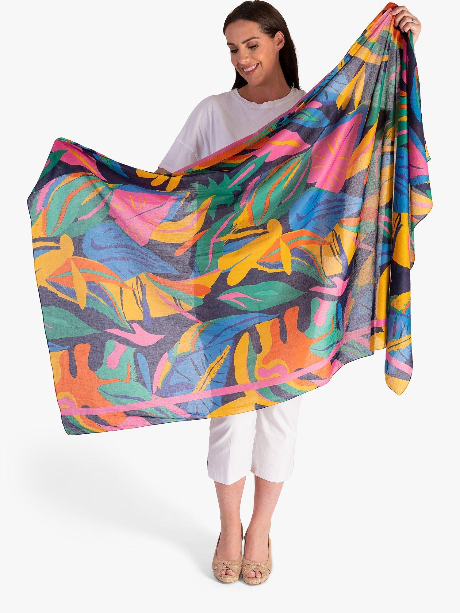 Product image 3 of 5, which shows chesca Tropical Leaf Print Scarf, Navy/Multi
