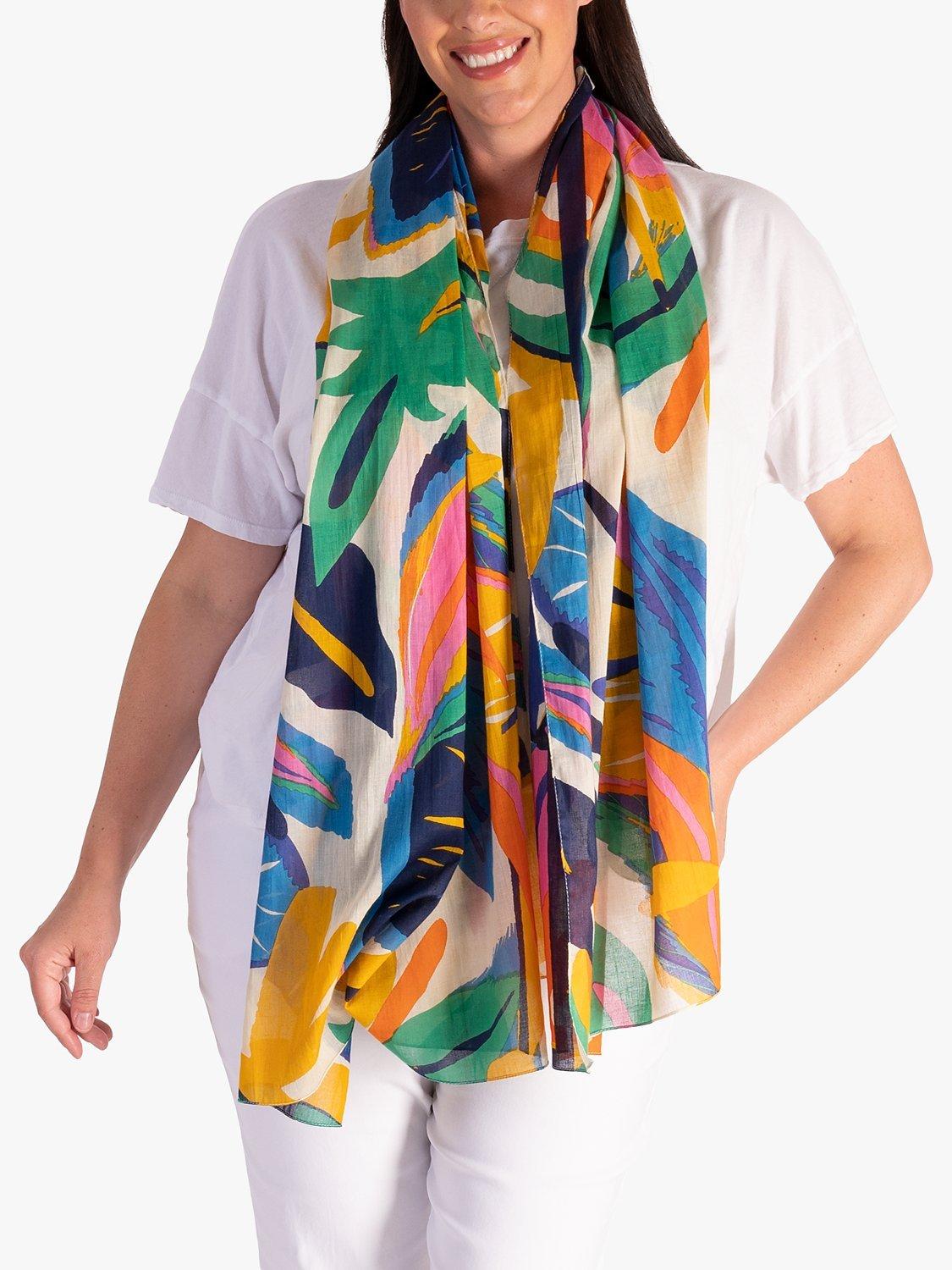 Product image 2 of 5, which shows chesca Tropical Leaf Print Scarf, Multi