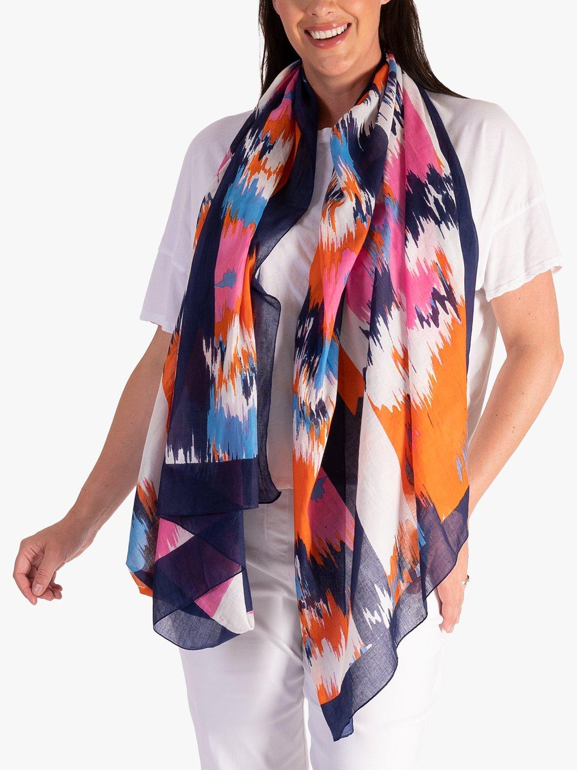 Product image 2 of 5, which shows chesca Abstract Ikat Print Scarf, Navy/Multi