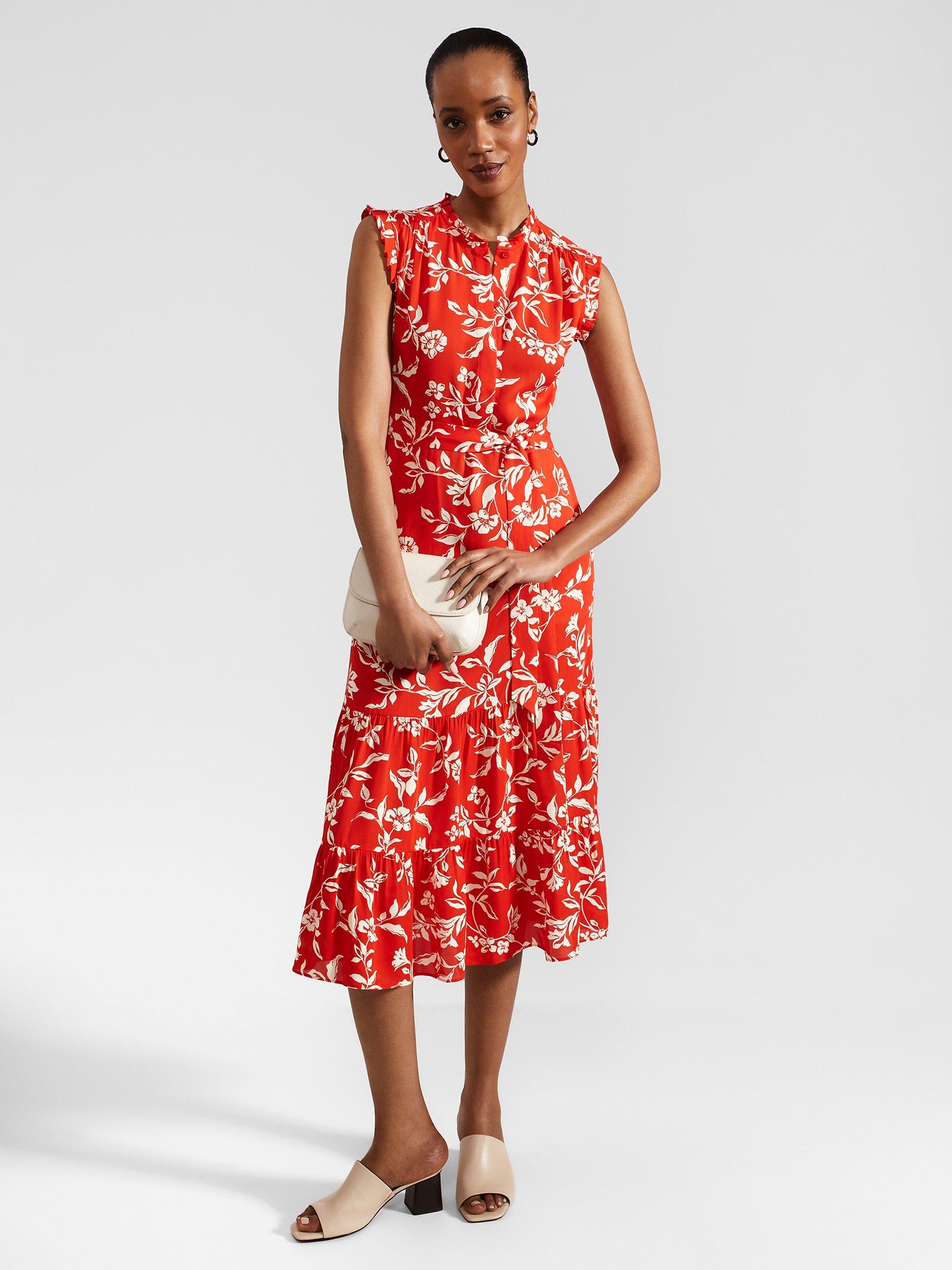 Product image 3 of 8, which shows Hobbs Elsa Floral Dress, Red/Cream, 6