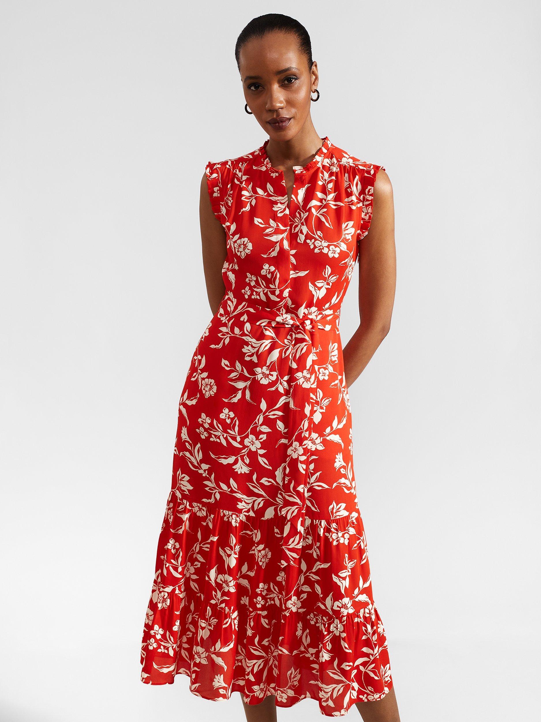 Product image 6 of 8, which shows Hobbs Elsa Floral Dress, Red/Cream, 6