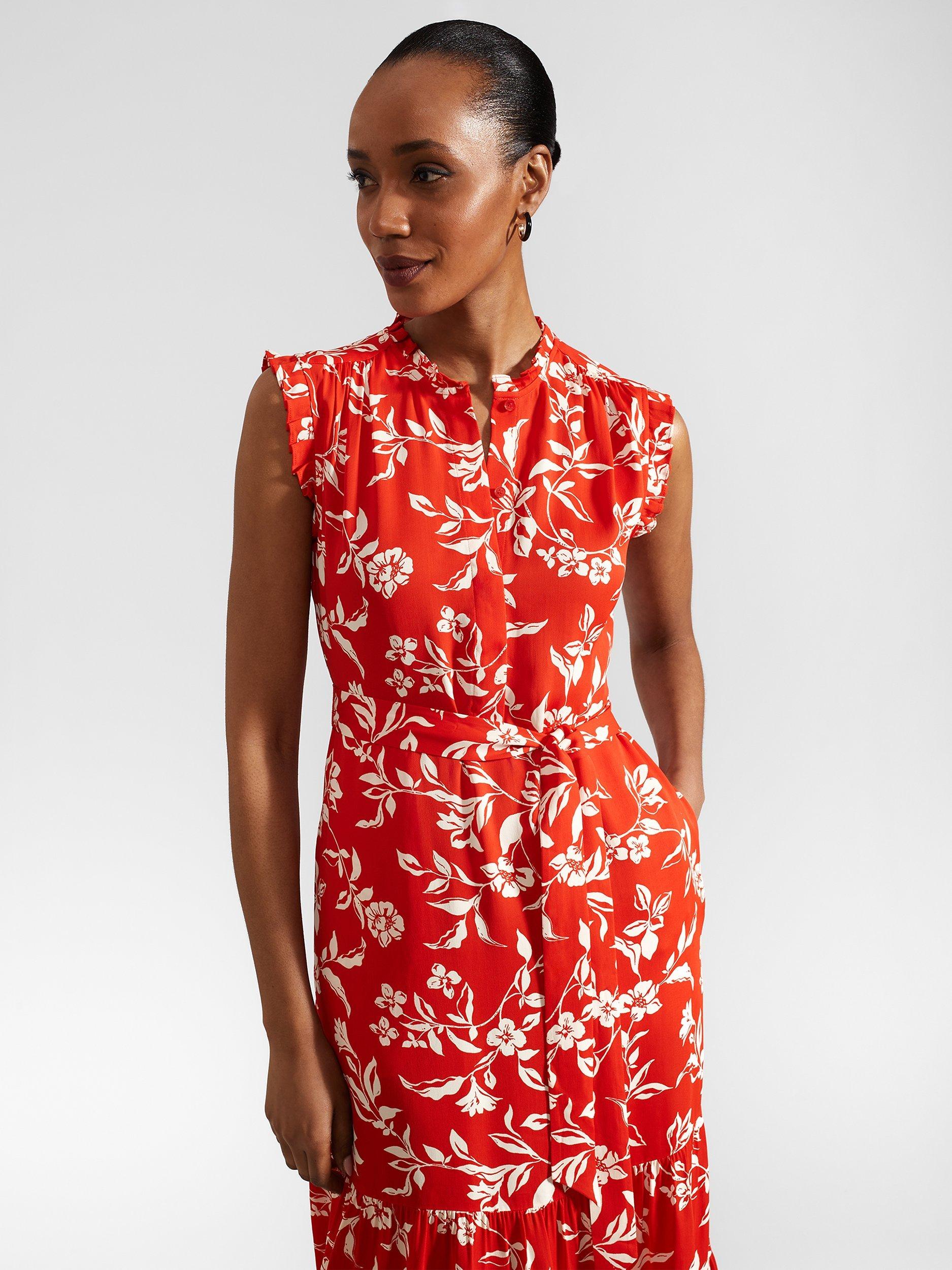 Product image 7 of 8, which shows Hobbs Elsa Floral Dress, Red/Cream, 6