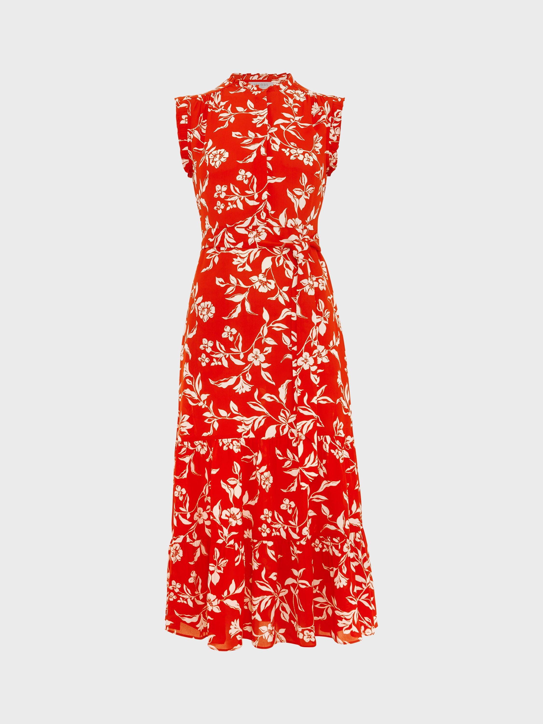 Product image 8 of 8, which shows Hobbs Elsa Floral Dress, Red/Cream, 6