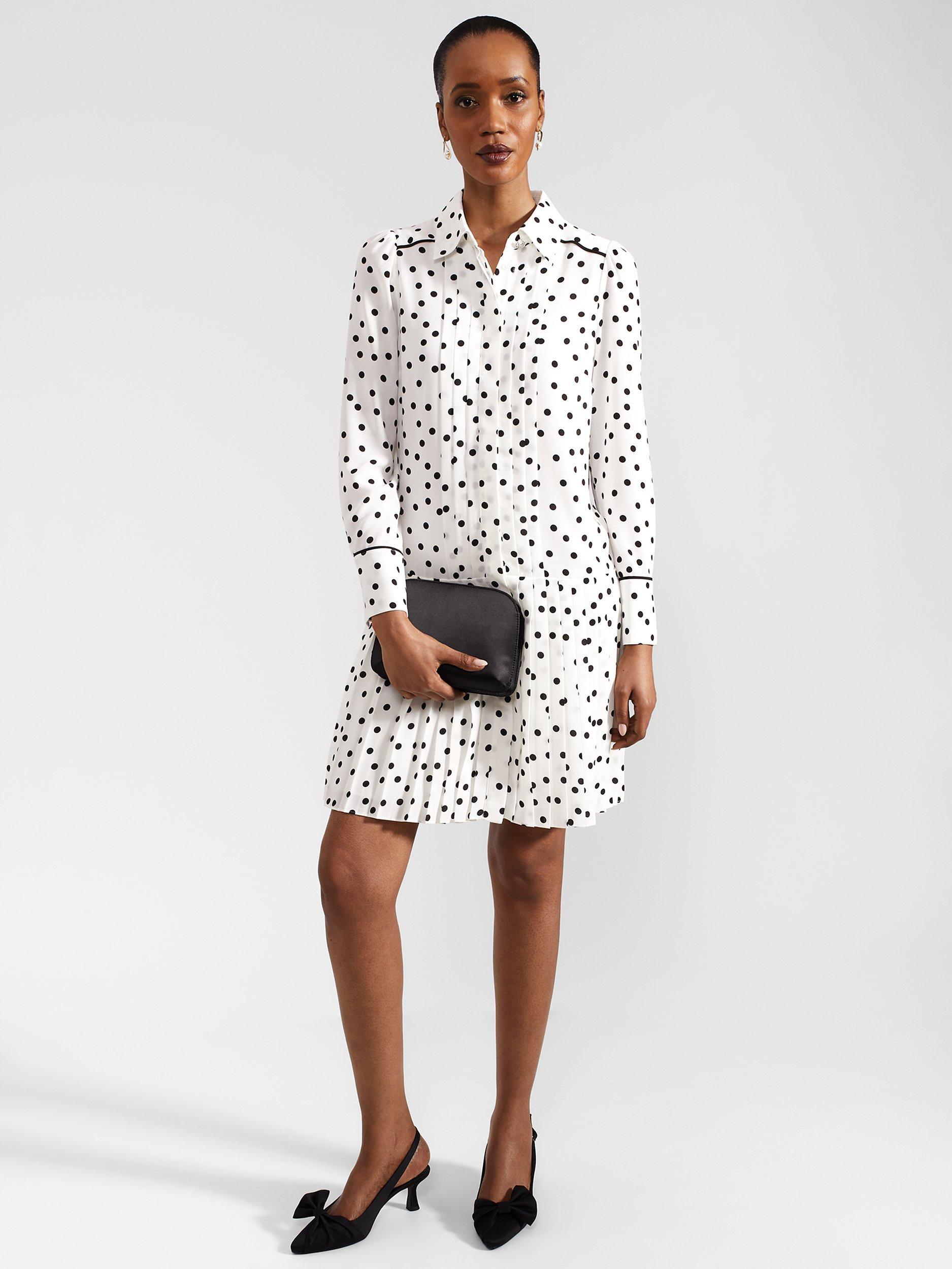 Product image 4 of 8, which shows Hobbs Francesca Polka Dot Dress, Ivory/Black, 6