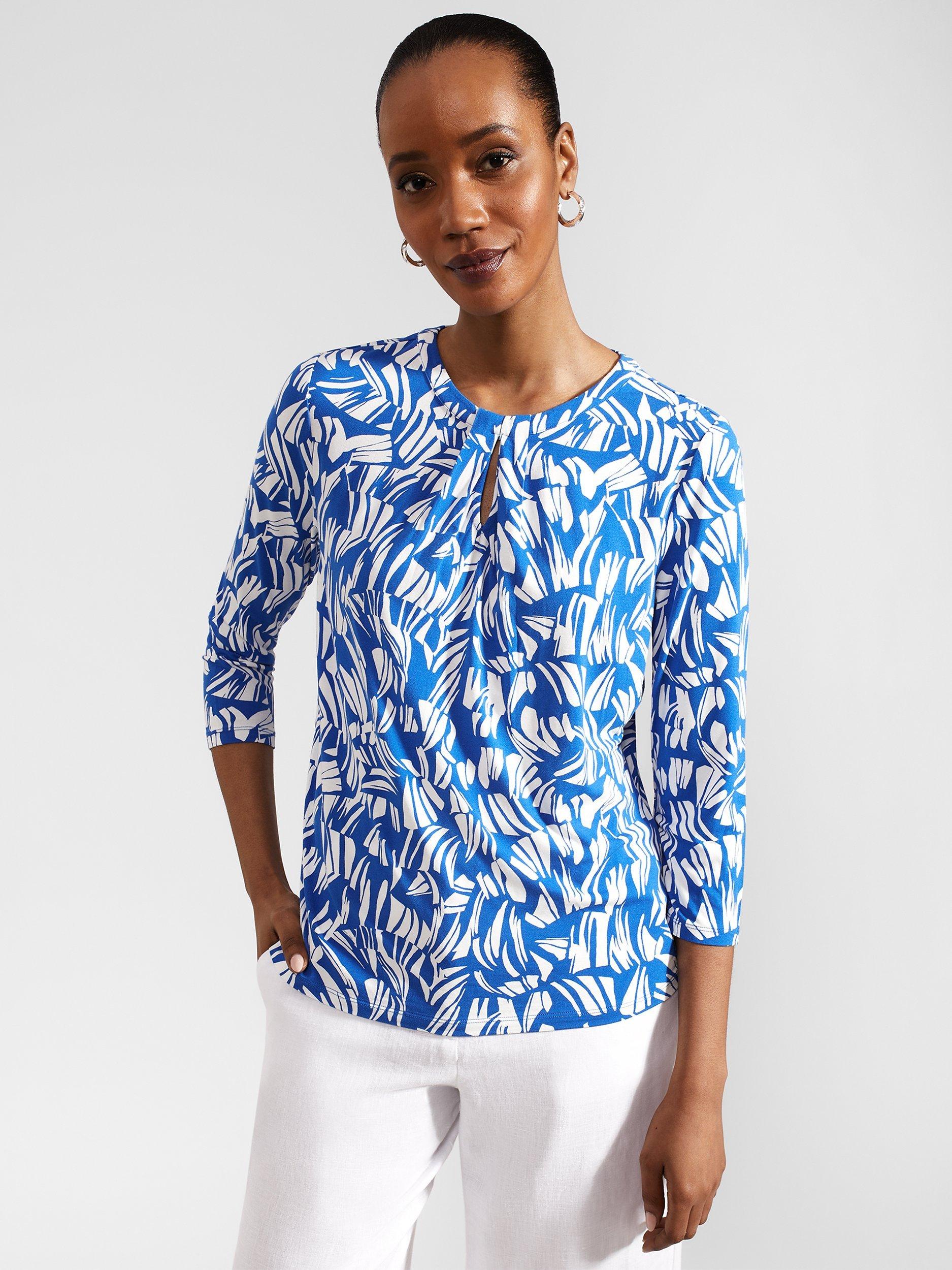 Hobbs Julia Abstract Print Keyhole Top, Blue/Ivory
