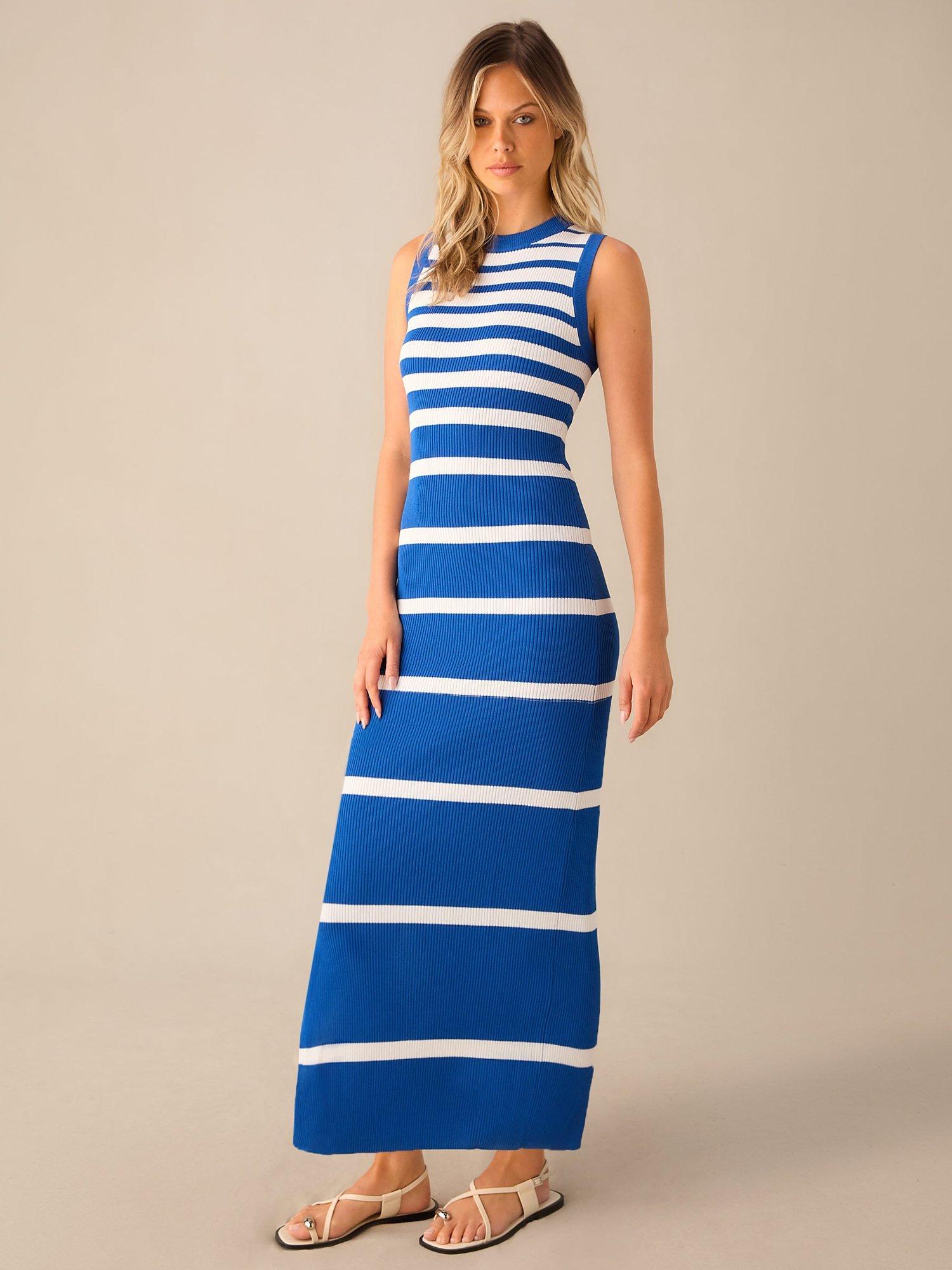 Ro&Zo Stripe Sleeveless Knitted Maxi Dress, Blue/White, 16