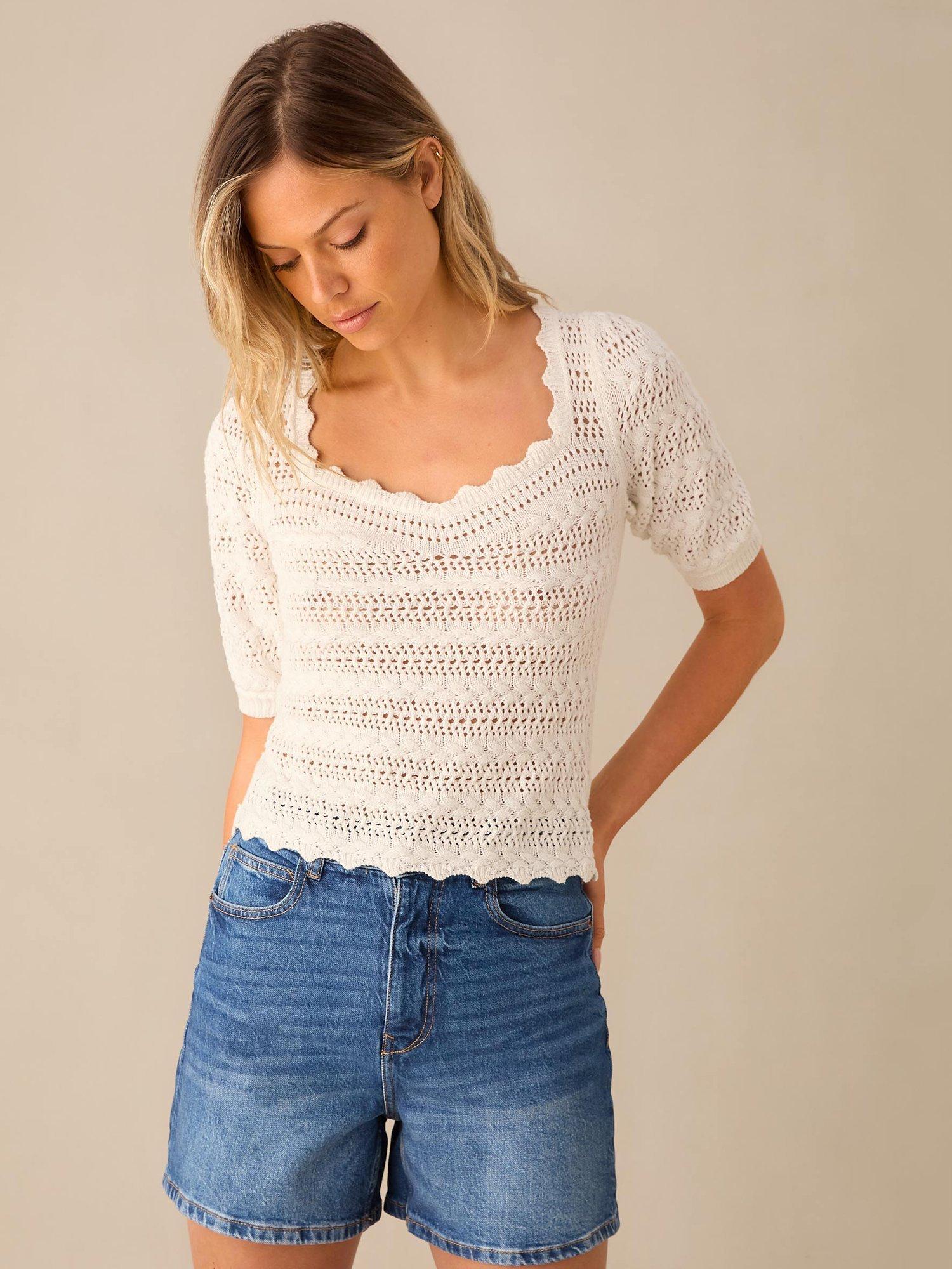 Ro&Zo Crochet Knit Top, White, M