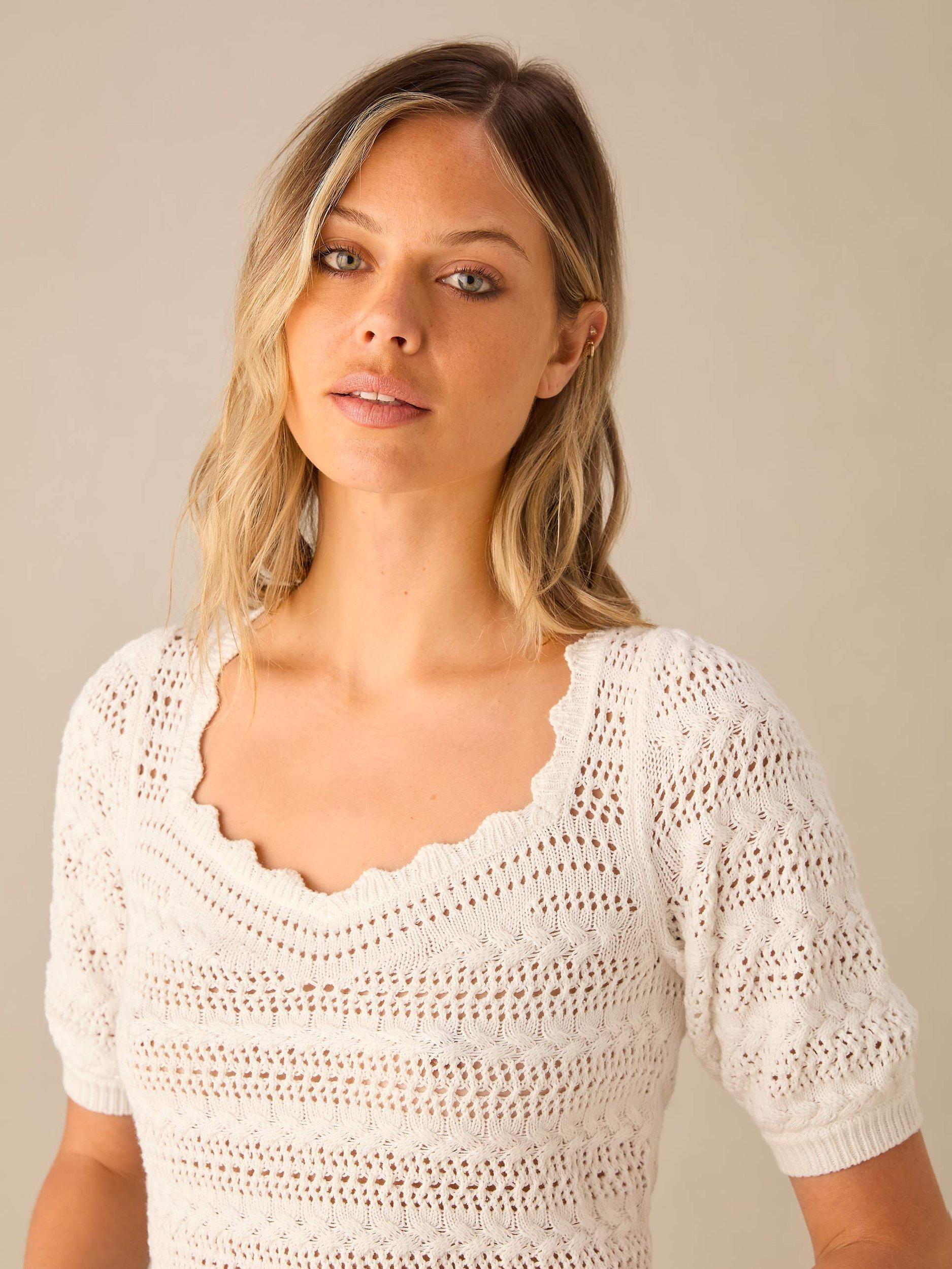 Ro&Zo Crochet Knit Top, White, M