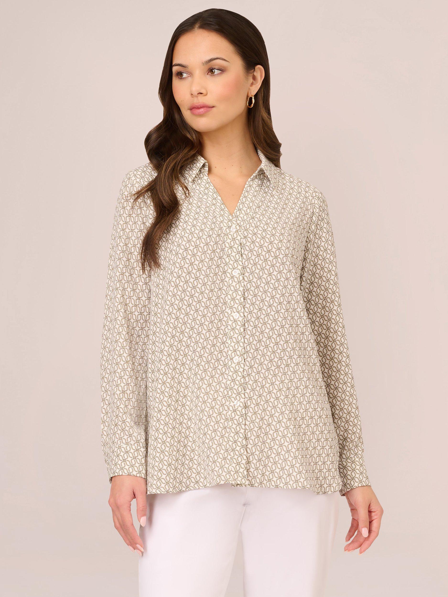 Product image 1 of 7, which shows Adrianna Papell Geometric Textured Shirt, Ivory/Tan, XS
