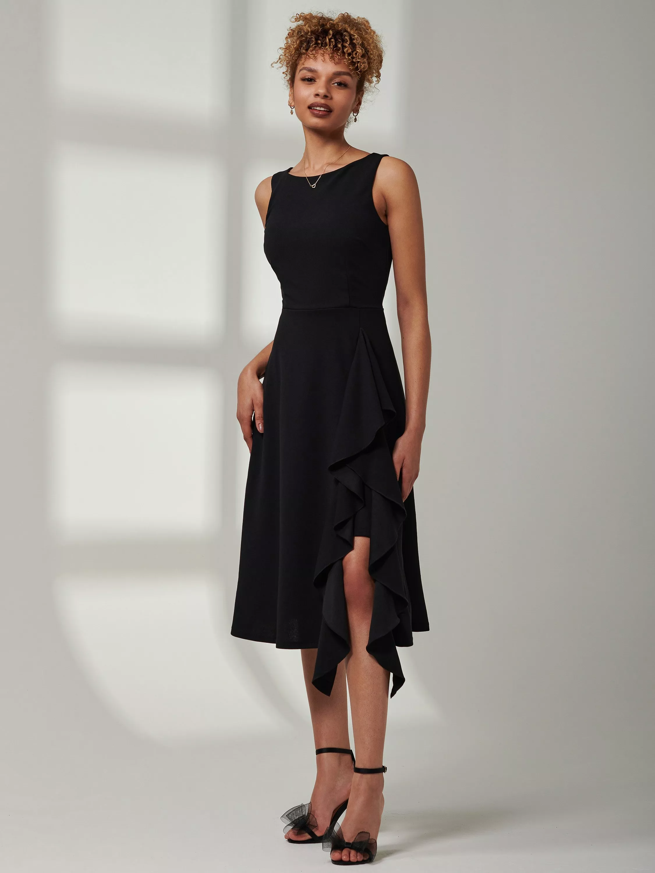 Jolie Moi Haylen Frill Midi Dress Black