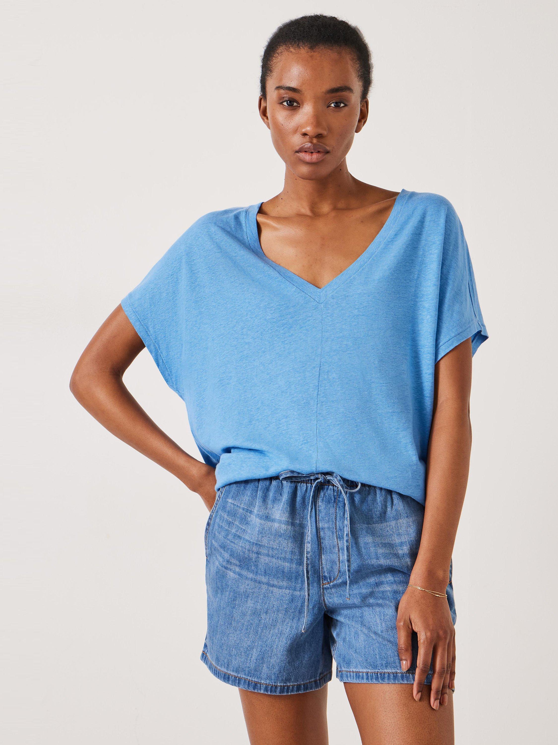 HUSH Danny Linen Blend V-Neck T-Shirt, Bright Blue