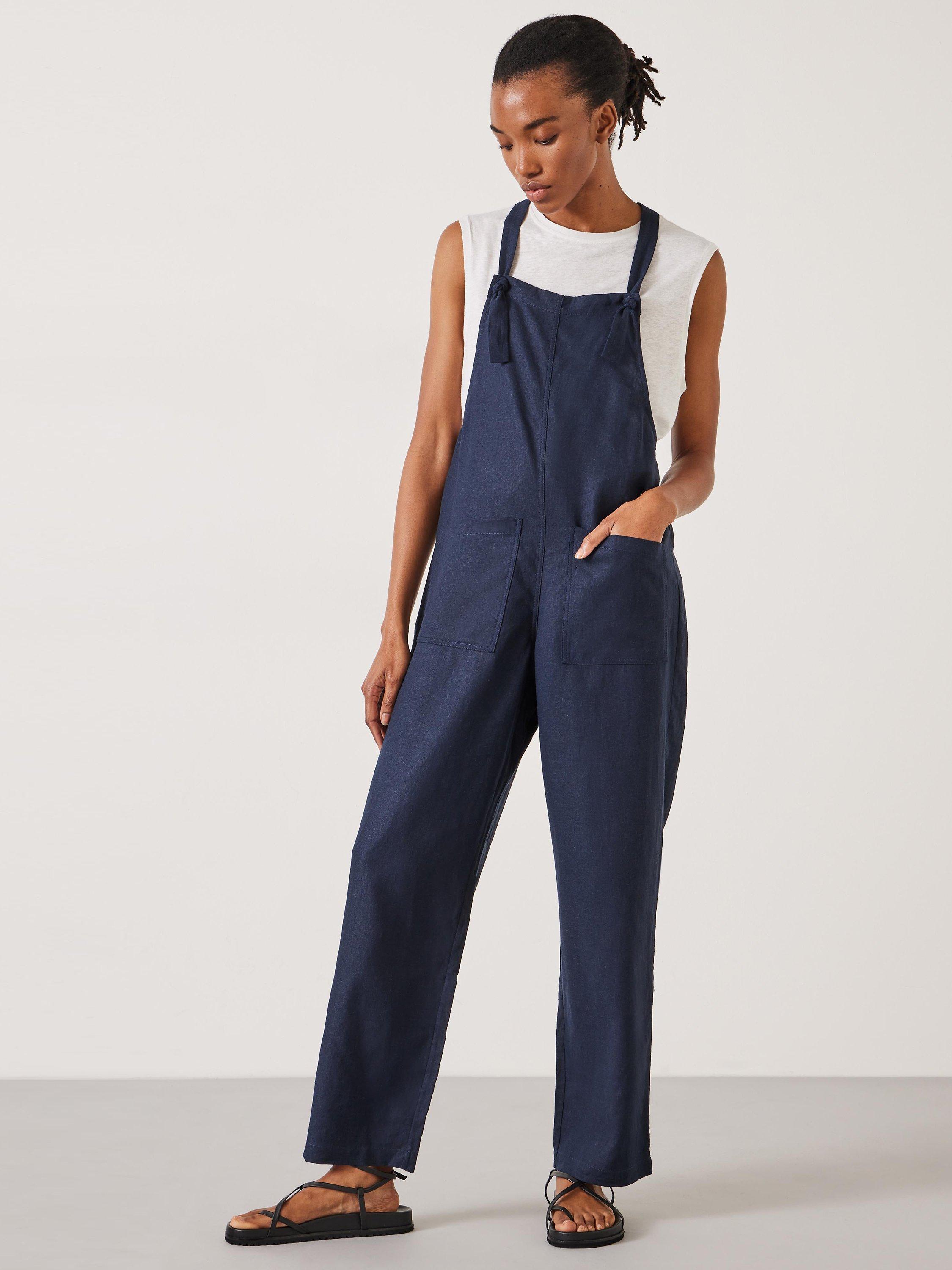 HUSH Eliza Linen Blend Dungarees, Midnight Navy, 6