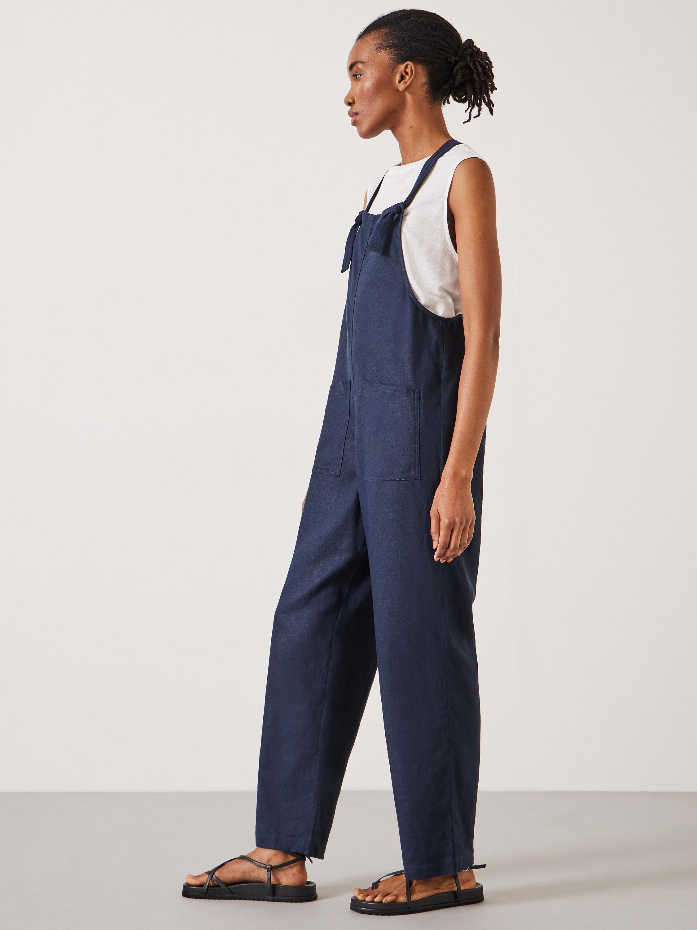 HUSH Eliza Linen Blend Dungarees, Midnight Navy, 6