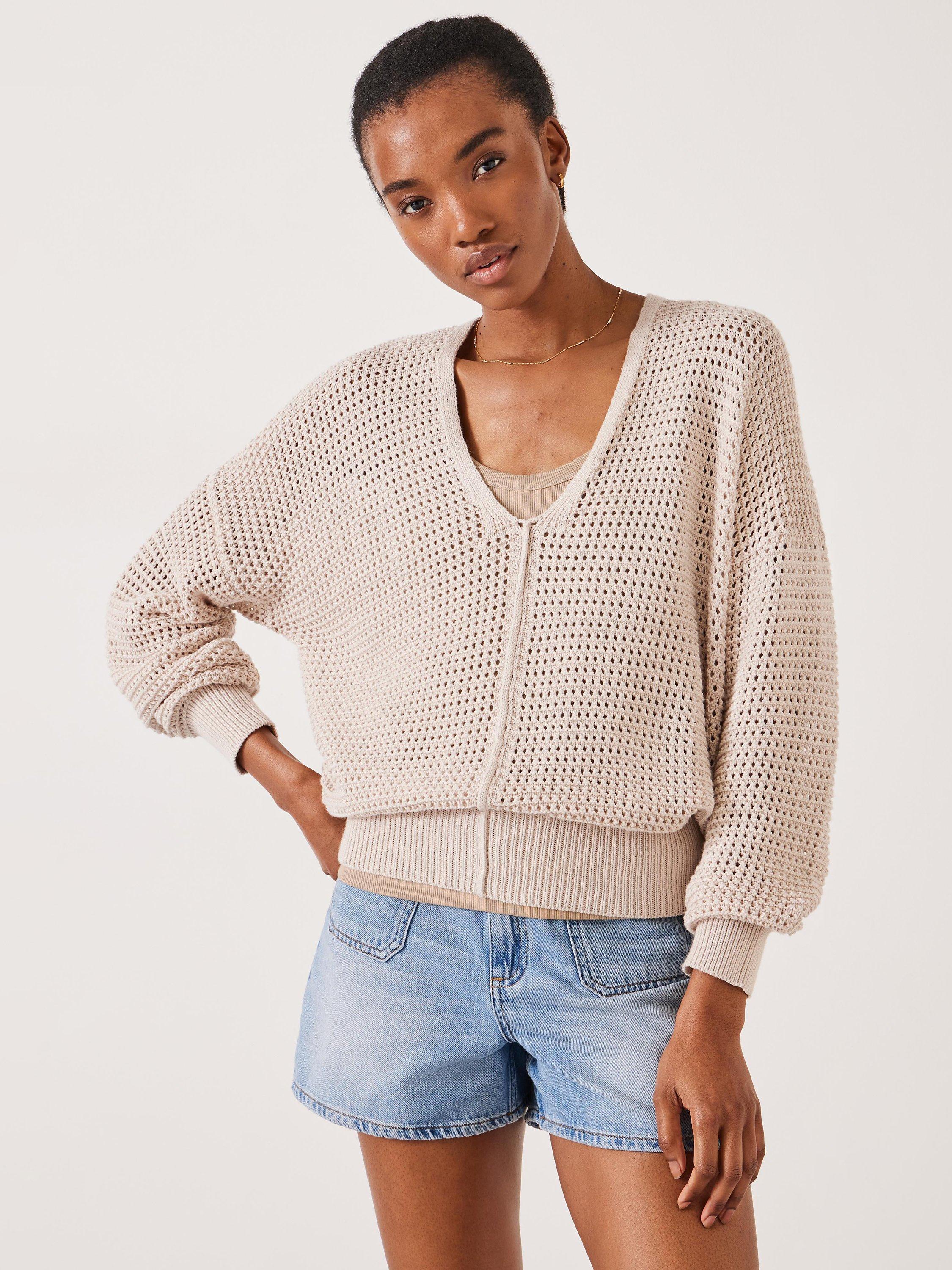 HUSH Poppy Open Stitch V Neck Jumper, Moonstone