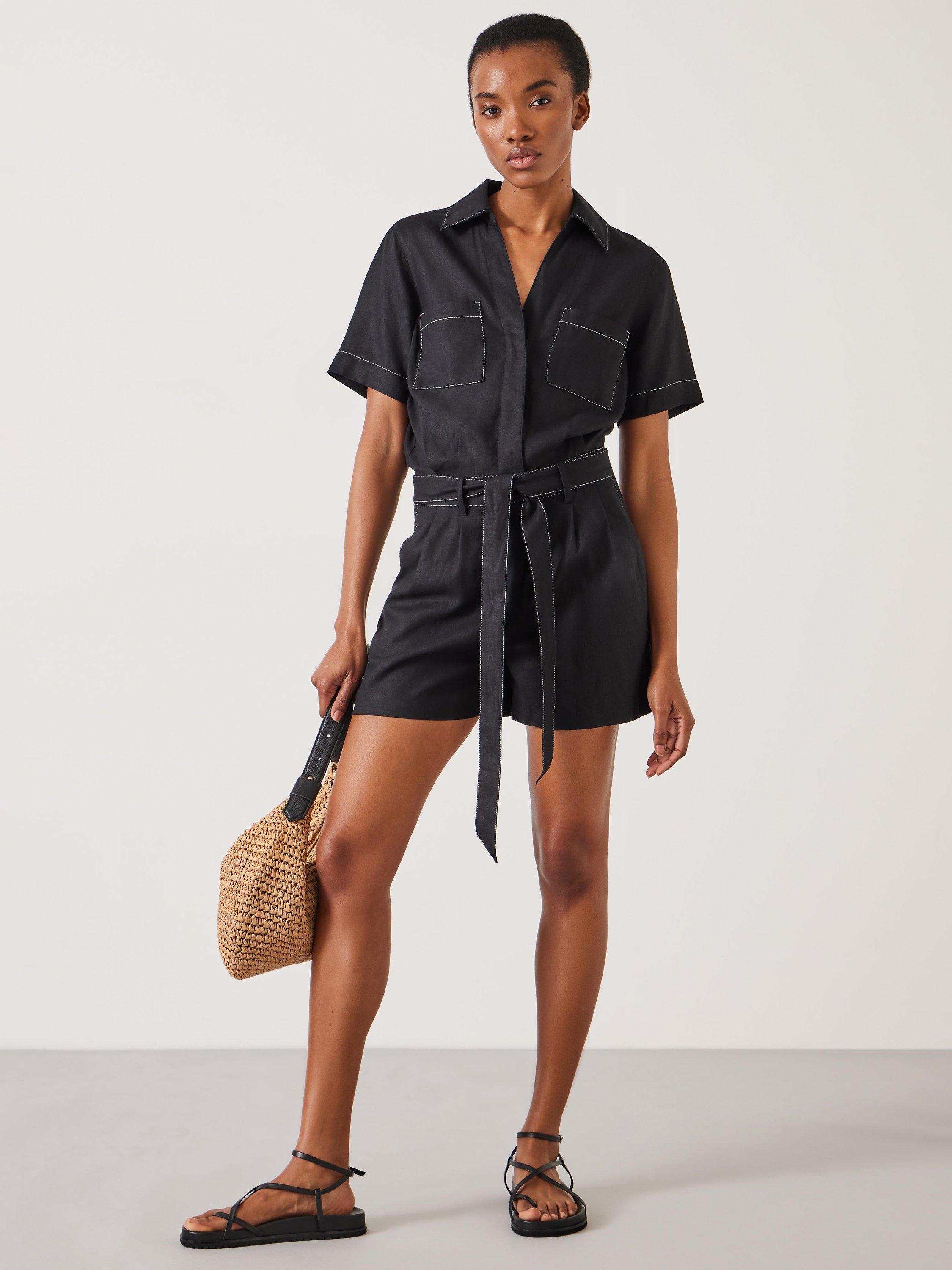 HUSH Fran Contrast Stitch Linen Blend Playsuit Black