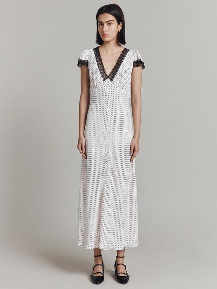 Ghost Erika Polka Dot Bias Cut Midi Dress, Ivory/Black