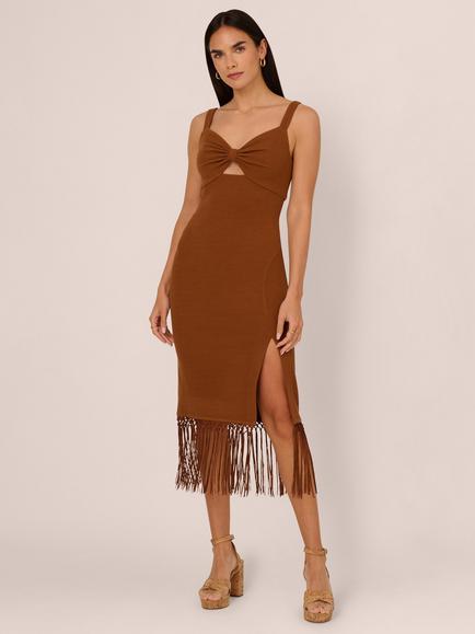 Adrianna by Adrianna Papell Knit Fringe Trim Midi Dress, Cinnamon, Light Brown