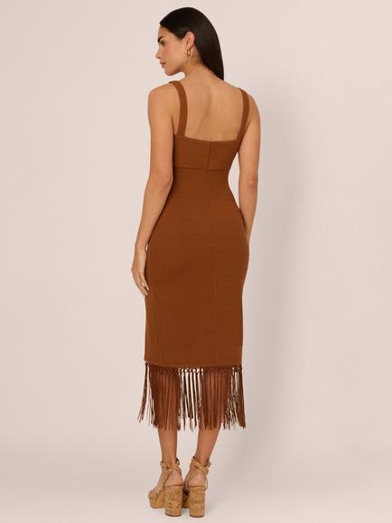 Adrianna by Adrianna Papell Knit Fringe Trim Midi Dress, Cinnamon - view 2, Light Brown