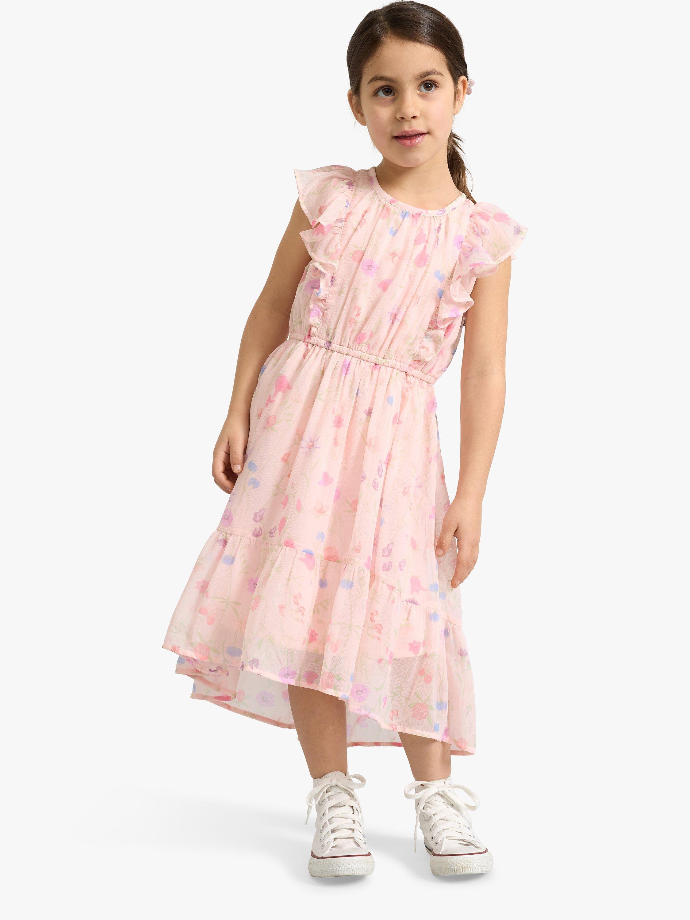 Product image 1 of 7, which shows Lindex Kids' Floral Print Chiffon Frill Sleeve Dress, Light Pink, 2-3 years