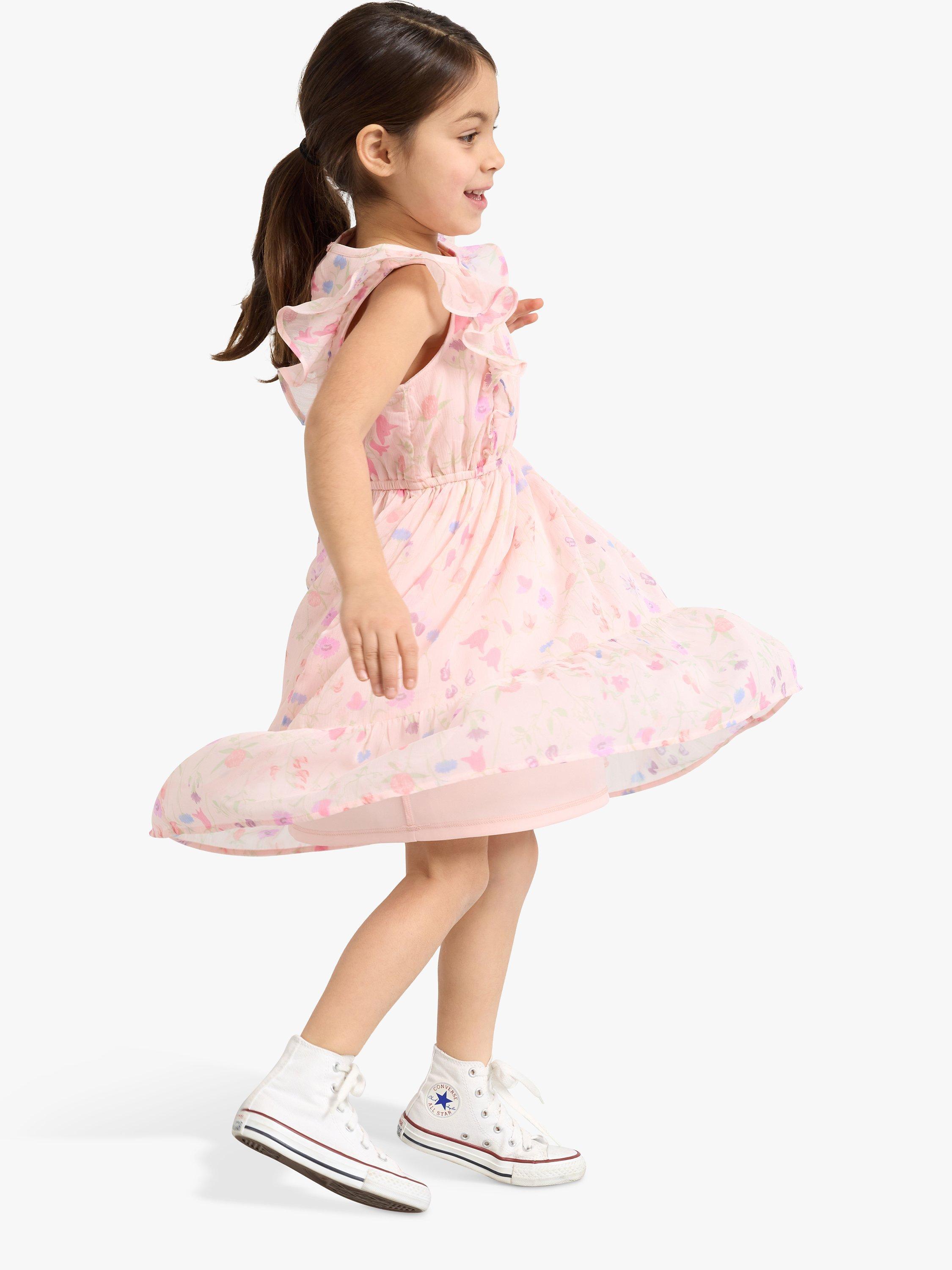 Product image 3 of 7, which shows Lindex Kids' Floral Print Chiffon Frill Sleeve Dress, Light Pink, 2-3 years