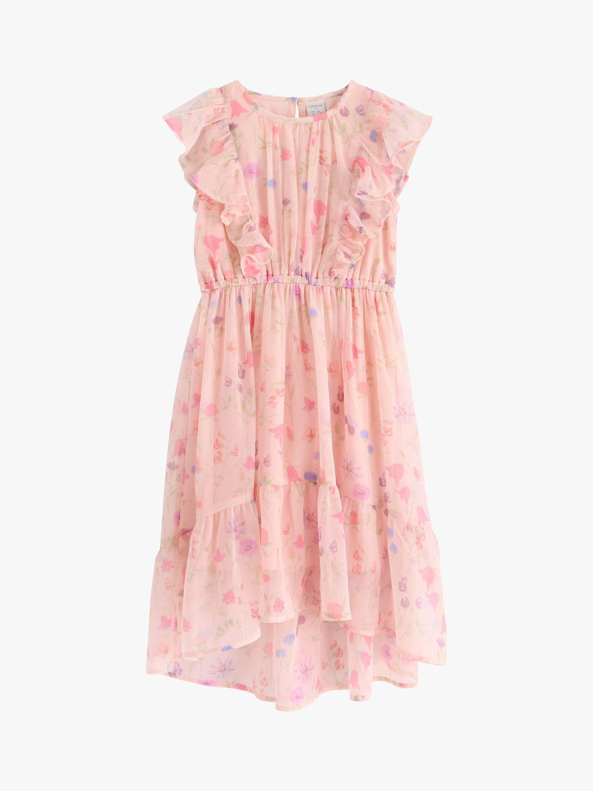 Product image 5 of 7, which shows Lindex Kids' Floral Print Chiffon Frill Sleeve Dress, Light Pink, 2-3 years