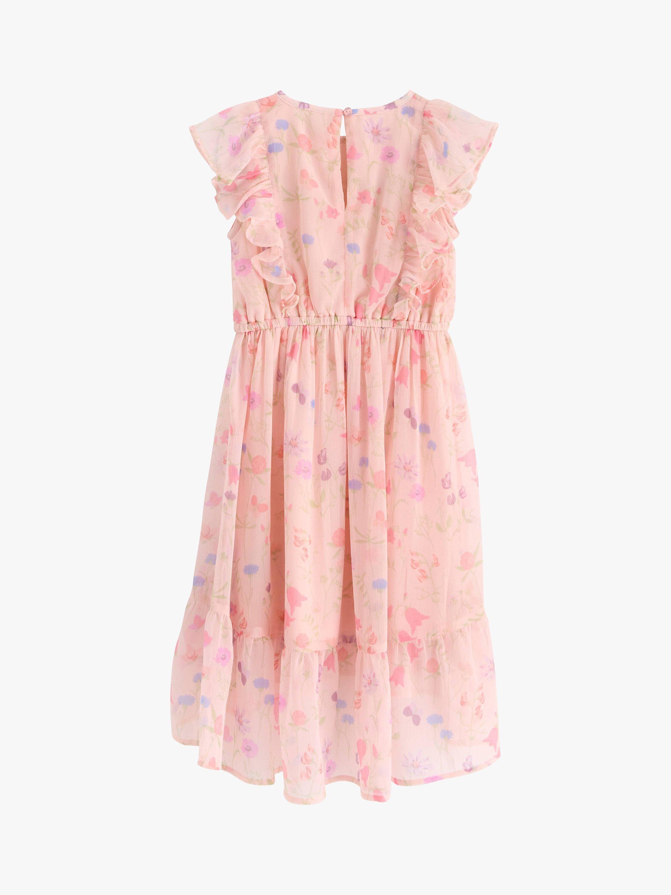 Product image 6 of 7, which shows Lindex Kids' Floral Print Chiffon Frill Sleeve Dress, Light Pink, 2-3 years